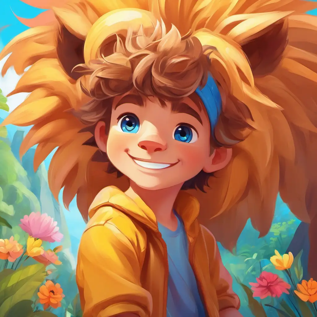 Rosy-cheeked boy with a big smile, blue eyes and Friendly lion with golden fur and sparkly, kind eyes embark on a playful adventure in the vibrant, colorful world.