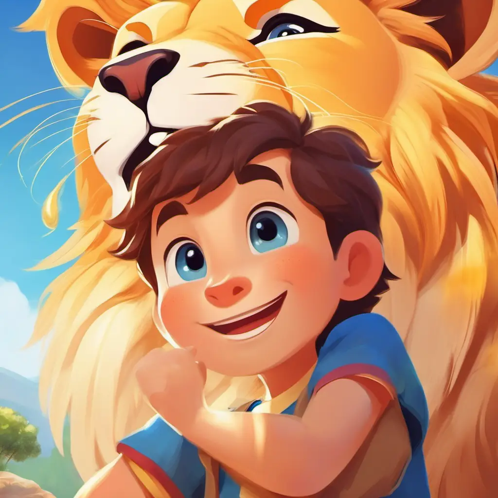 Rosy-cheeked boy with a big smile, blue eyes and Friendly lion with golden fur and sparkly, kind eyes learn the joy of cooperation and the happiness that comes from helping others.