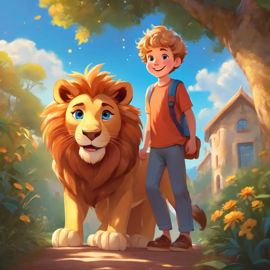 Rosy-cheeked boy with a big smile, blue eyes and Friendly lion with golden fur and sparkly, kind eyes return home, filled with joy and love for their friends after a day of fun and kindness.