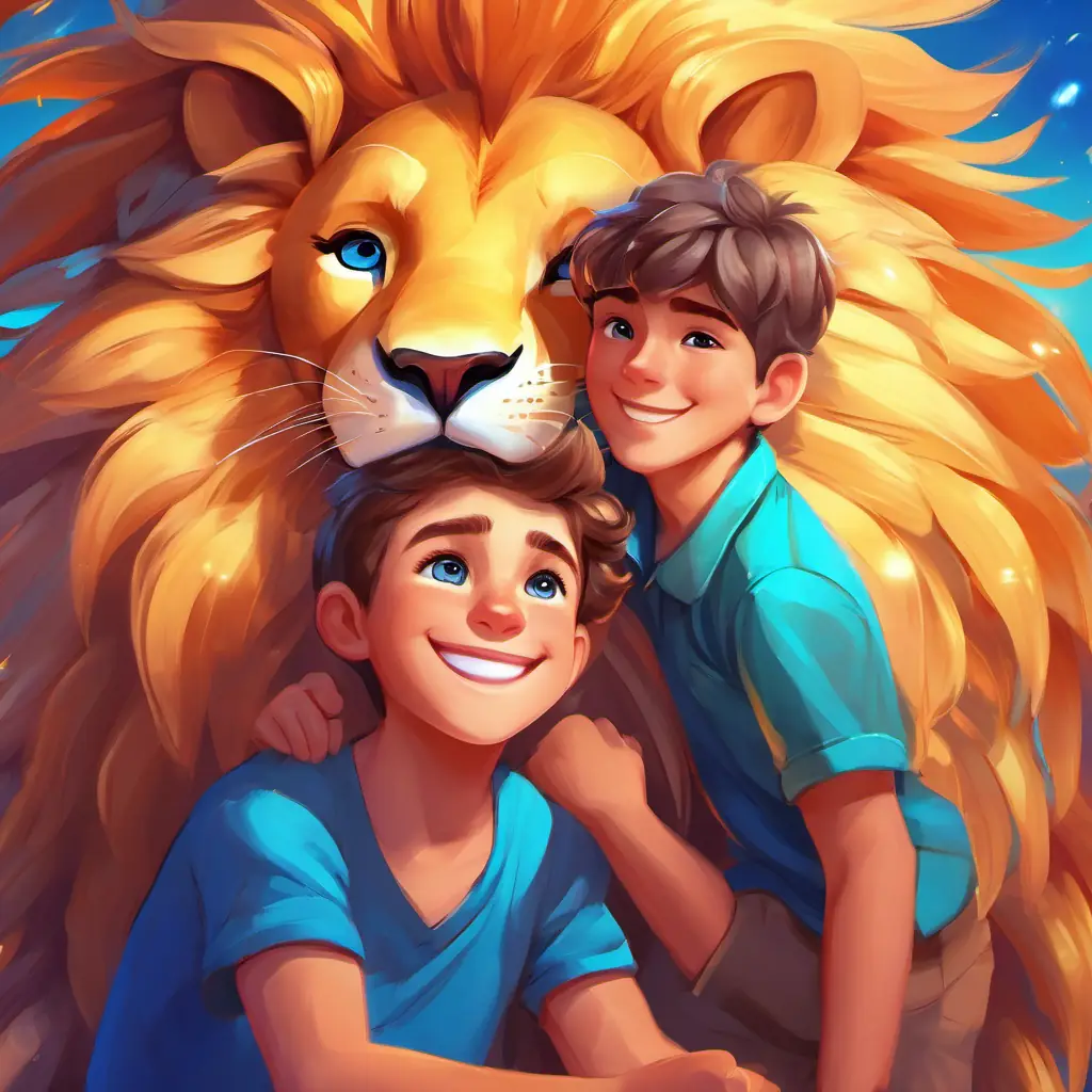 Rosy-cheeked boy with a big smile, blue eyes and Friendly lion with golden fur and sparkly, kind eyes's friendship grows as they realize the importance of kindness and cooperation in their colorful, vibrant world.