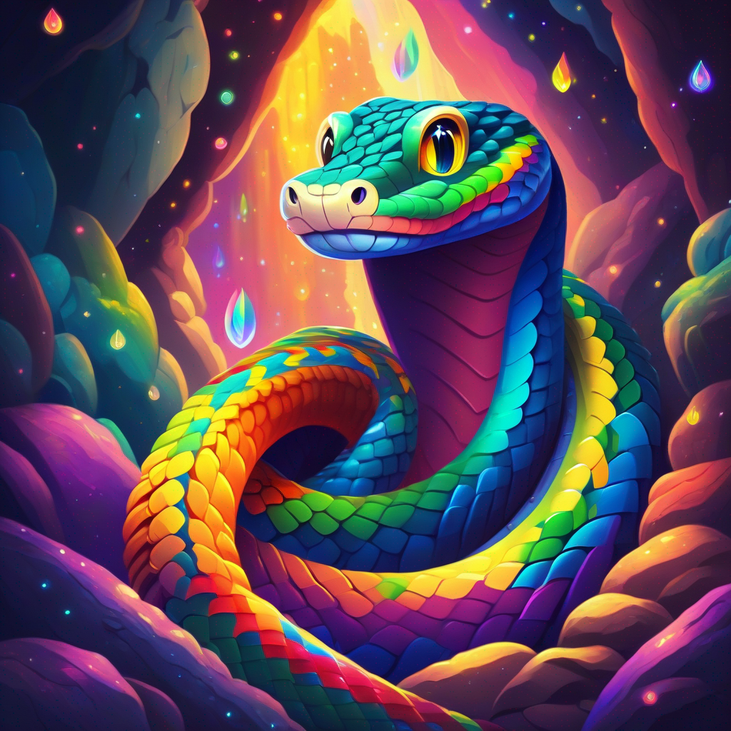 Snake with rainbow colors, sparkles, and a wise smile in cave with colors