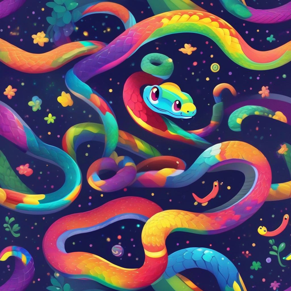 Snake with rainbow colors, sparkles, and a wise smile touches objects, colors appear