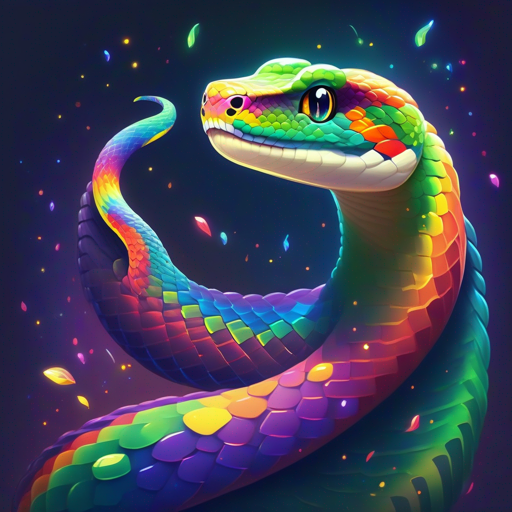 Snake with rainbow colors, sparkles, and a wise smile listening to animals, animals arguing