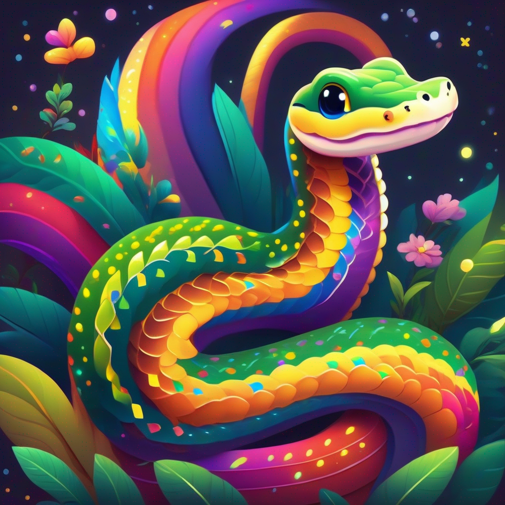 Snake with rainbow colors, sparkles, and a wise smile teaching animals to listen, animals happy