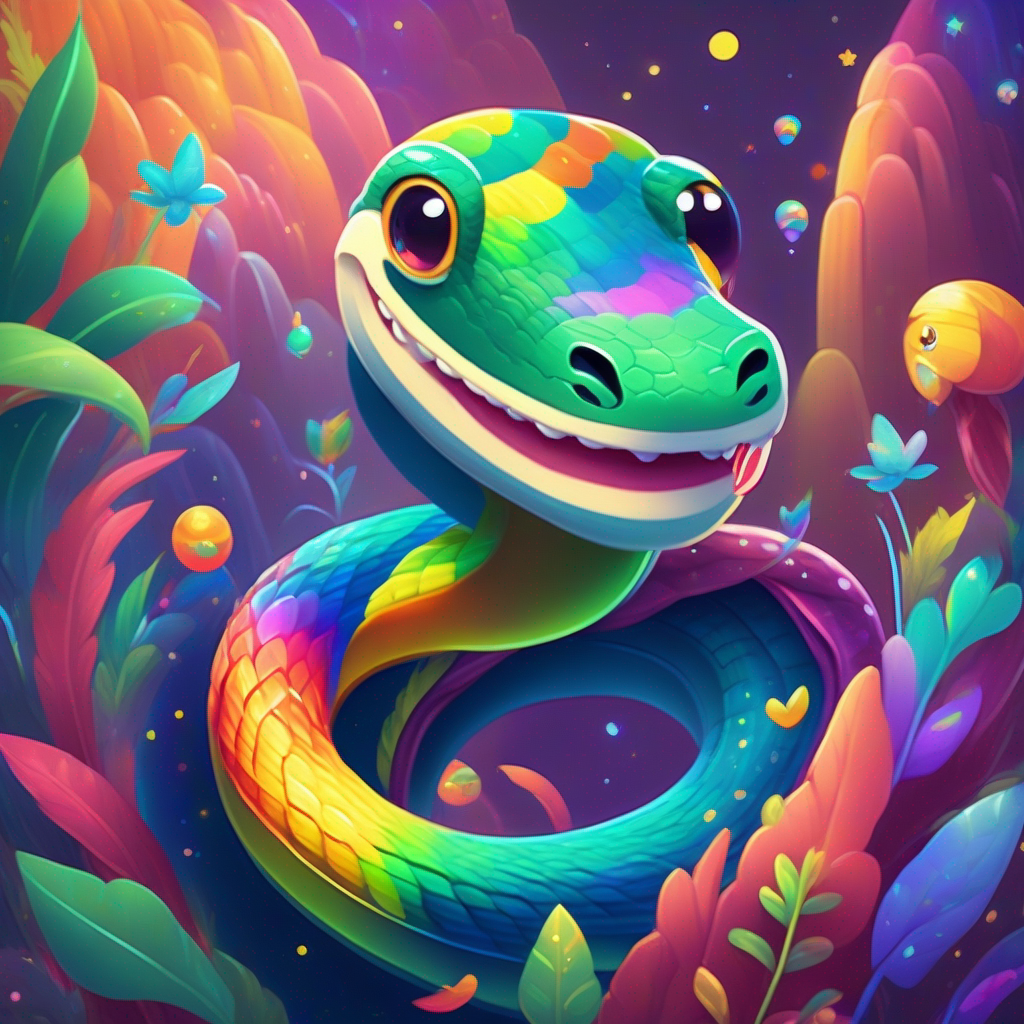 Snake with rainbow colors, sparkles, and a wise smile teaching creatures, creatures happy