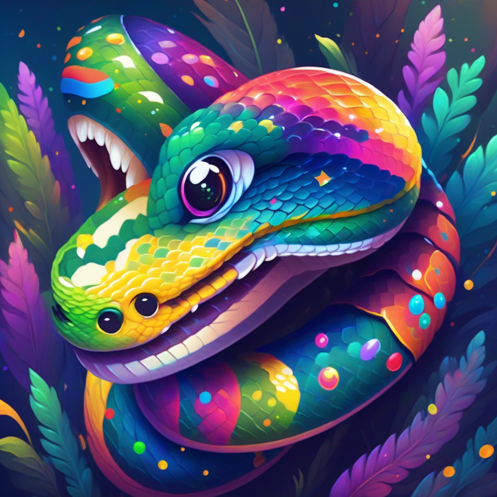 Snake with rainbow colors, sparkles, and a wise smile slithering with colors, happy creatures