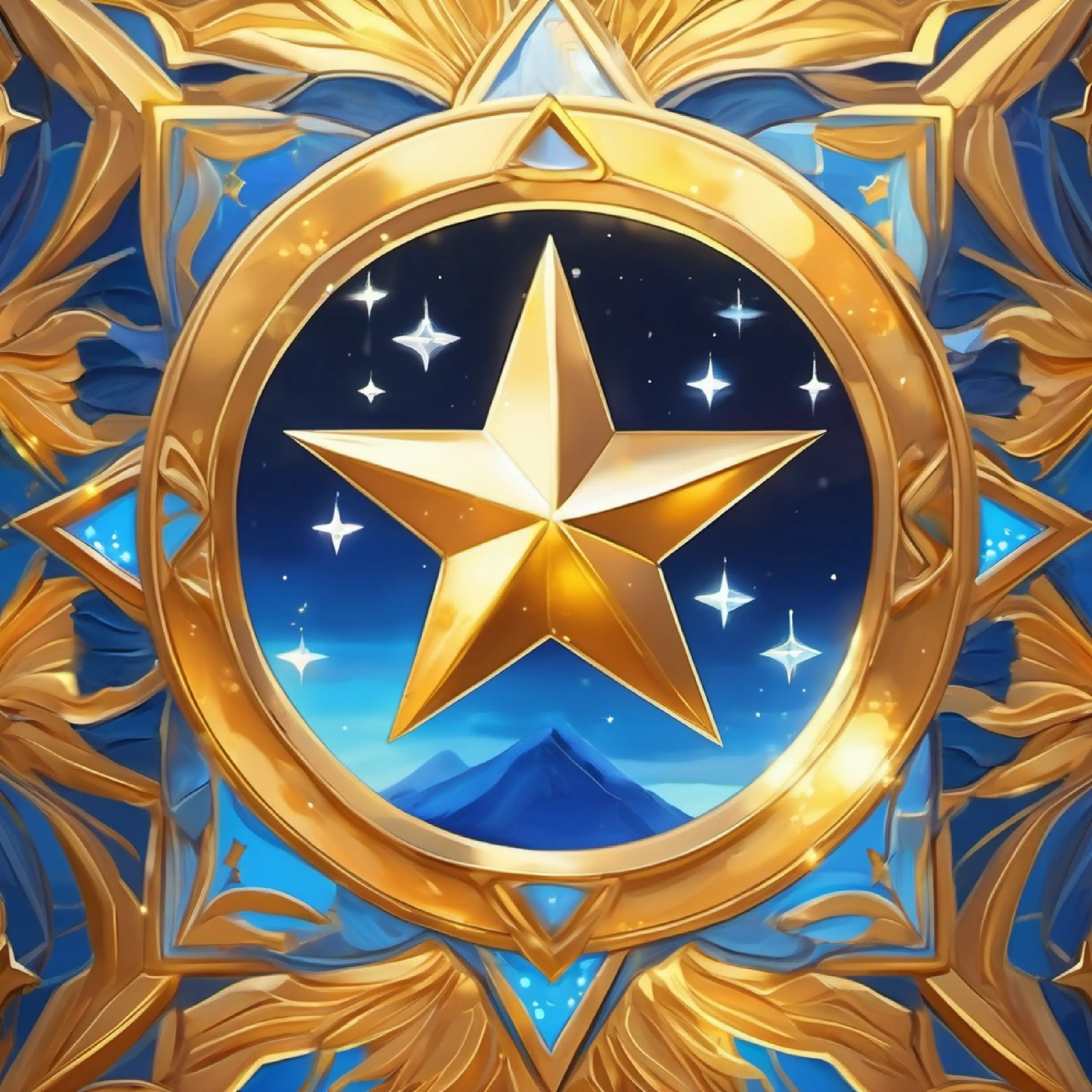 Introducing Small golden star, glowing edges, deep blue eyes the star, daytime sky.