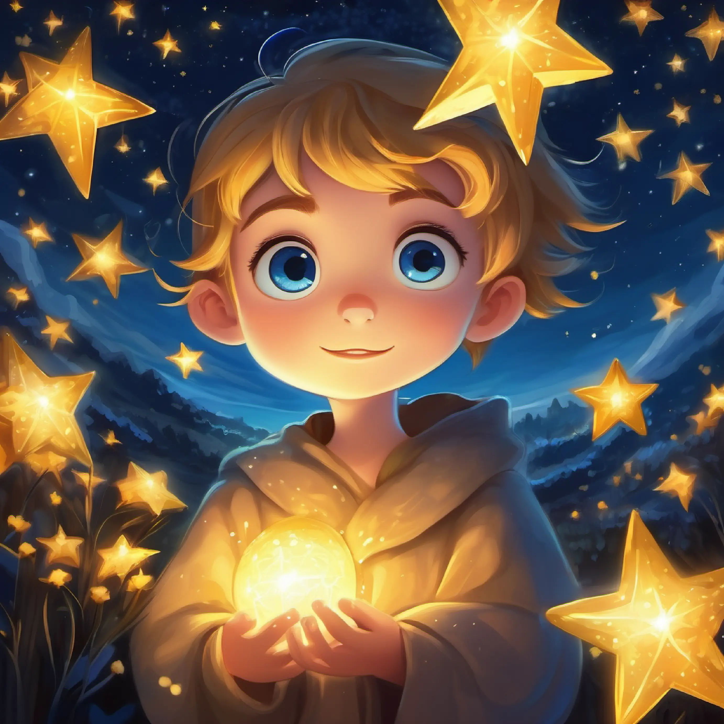 Revealing Small golden star, glowing edges, deep blue eyes's fear, night sky.