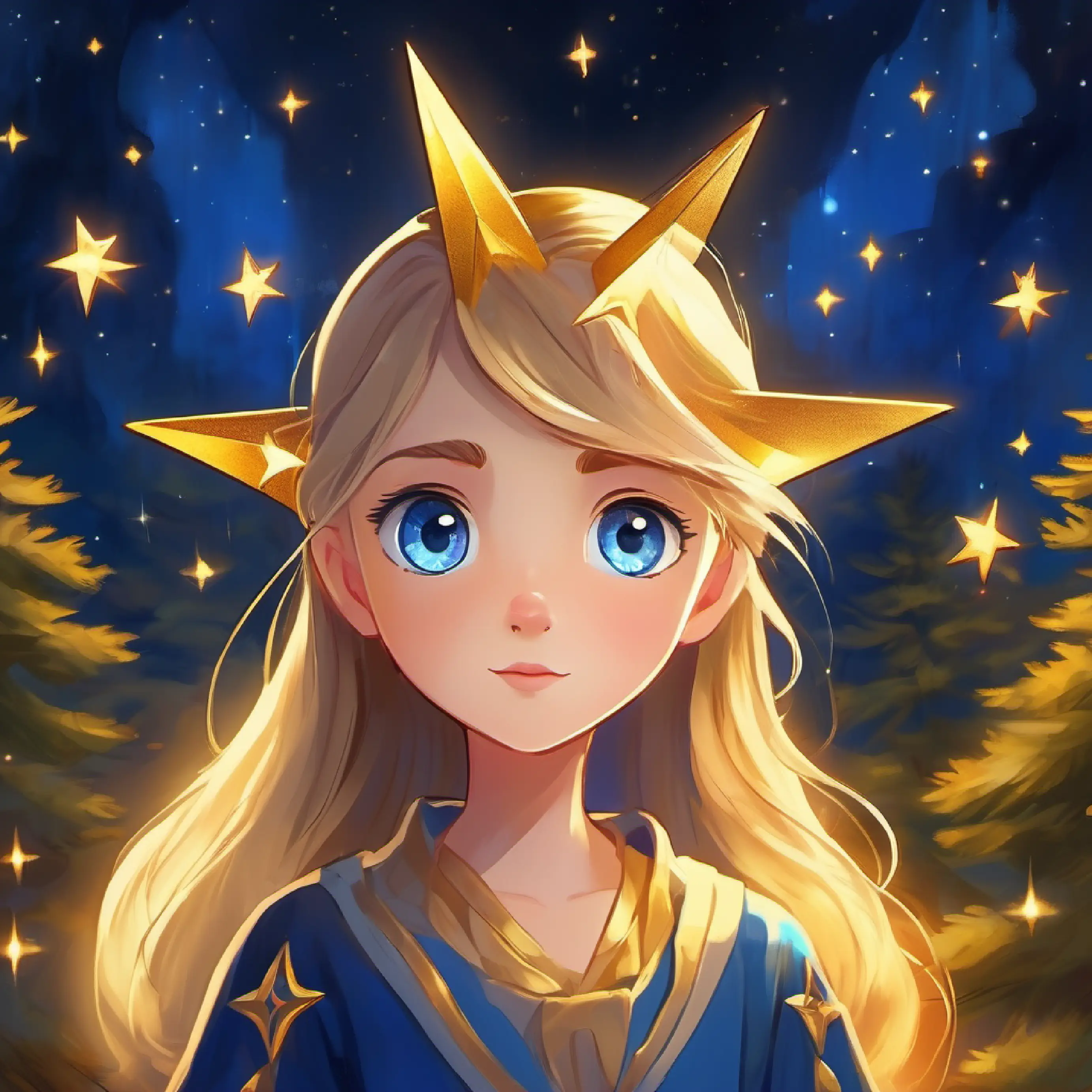 Realization moment, Small golden star, glowing edges, deep blue eyes glowing brighter.