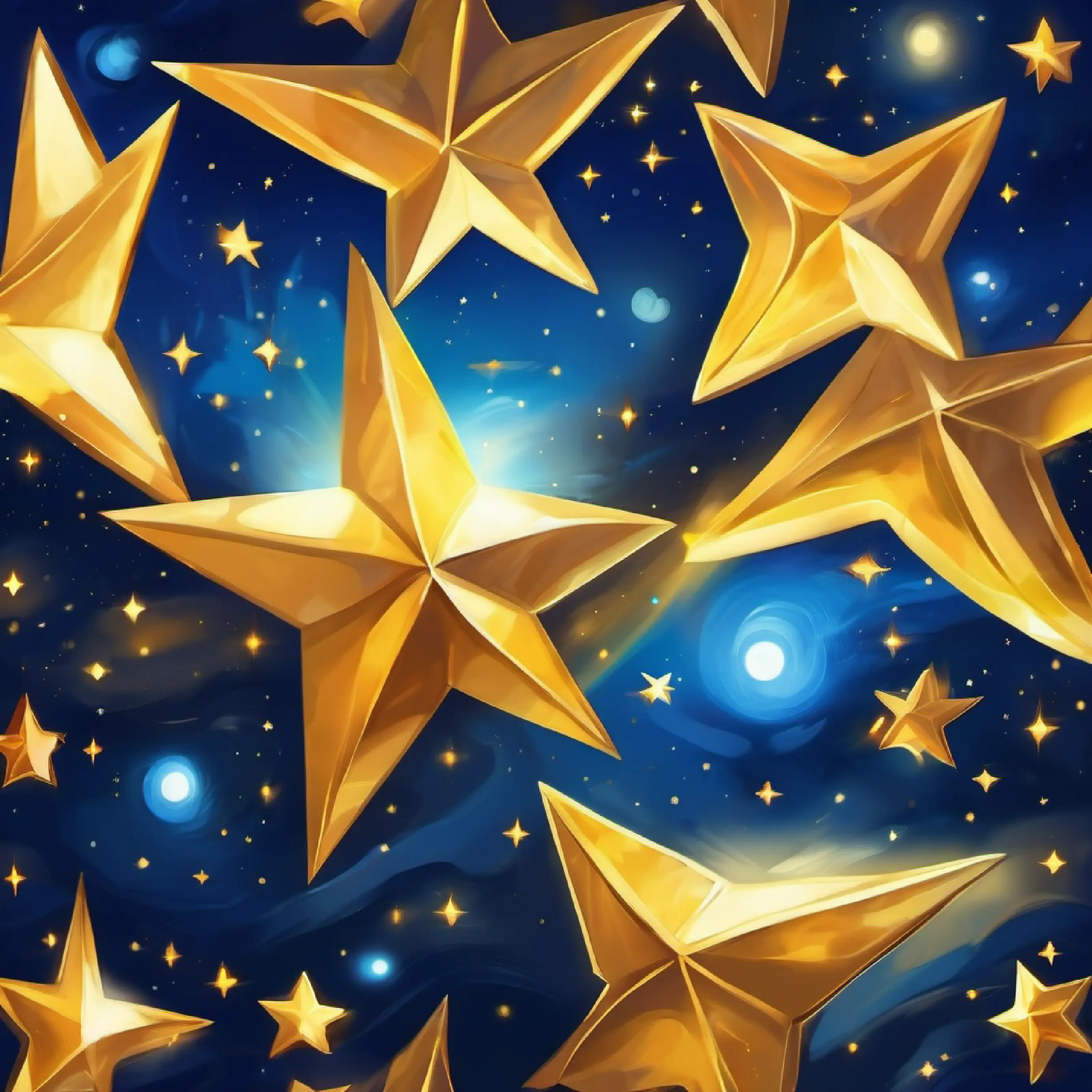 Small golden star, glowing edges, deep blue eyes shining confidently, night sky.