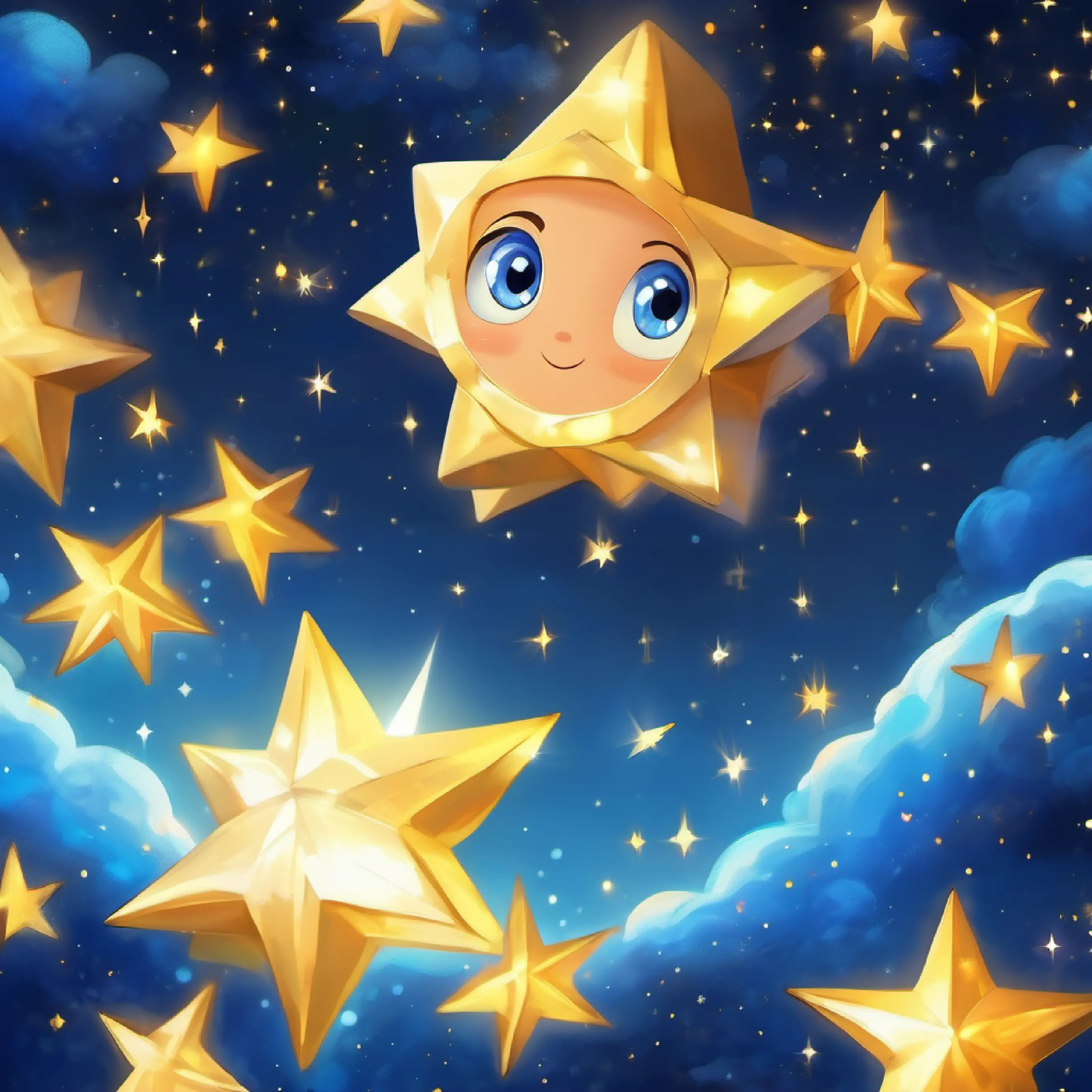 Small golden star, glowing edges, deep blue eyes's internal struggle, with starry background.