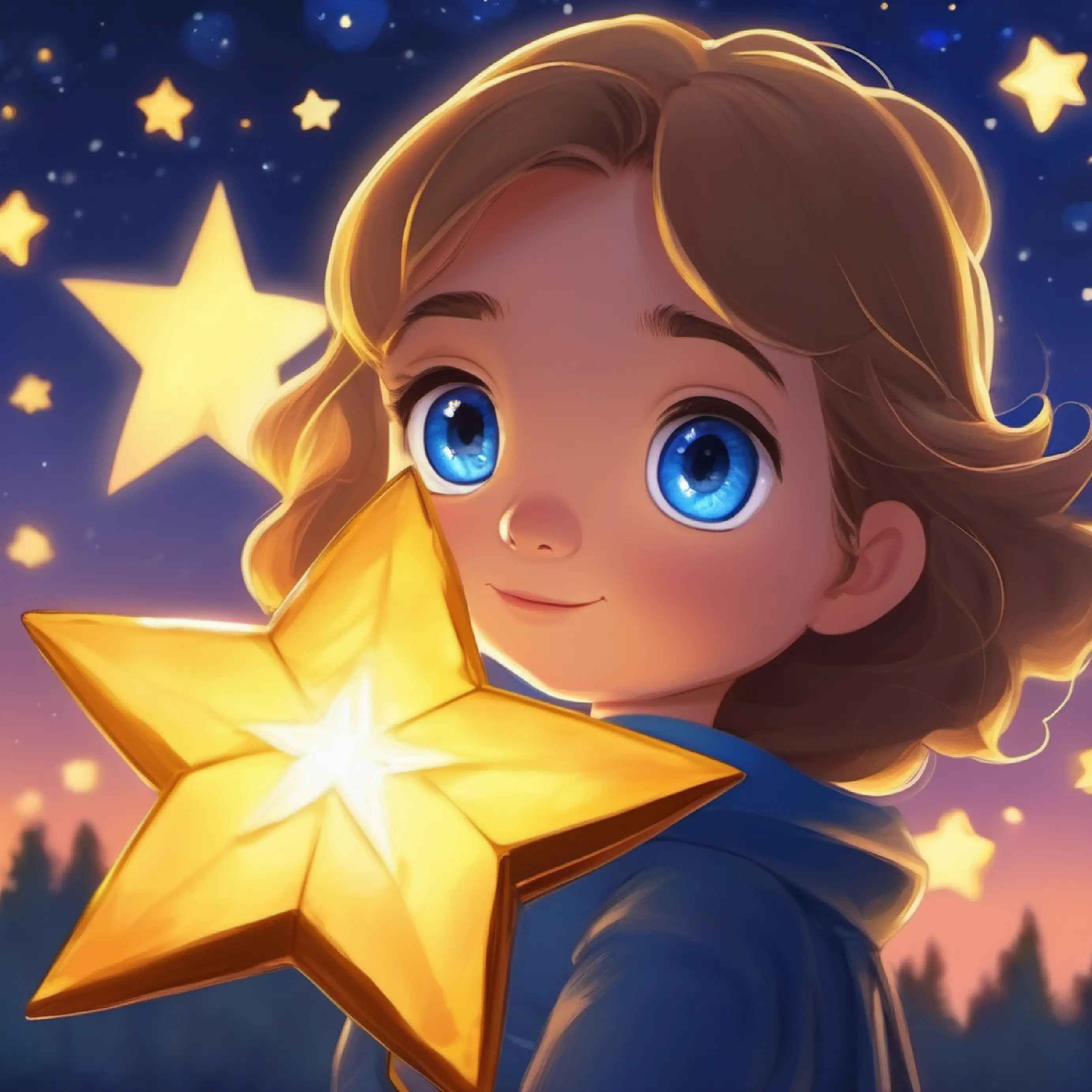 Small golden star, glowing edges, deep blue eyes making a decision, evening sky.