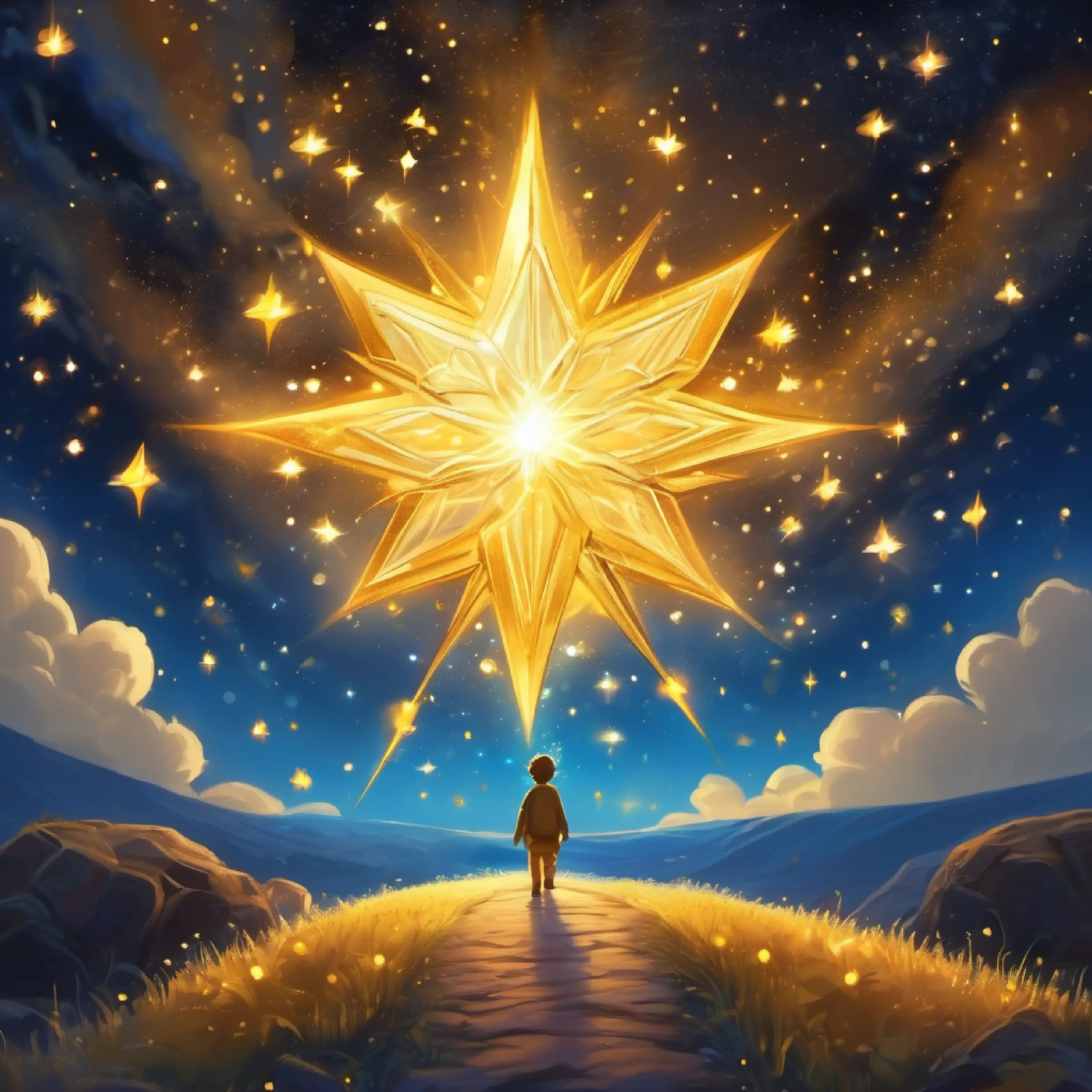 Beginning of Small golden star, glowing edges, deep blue eyes's journey, cosmic trail.