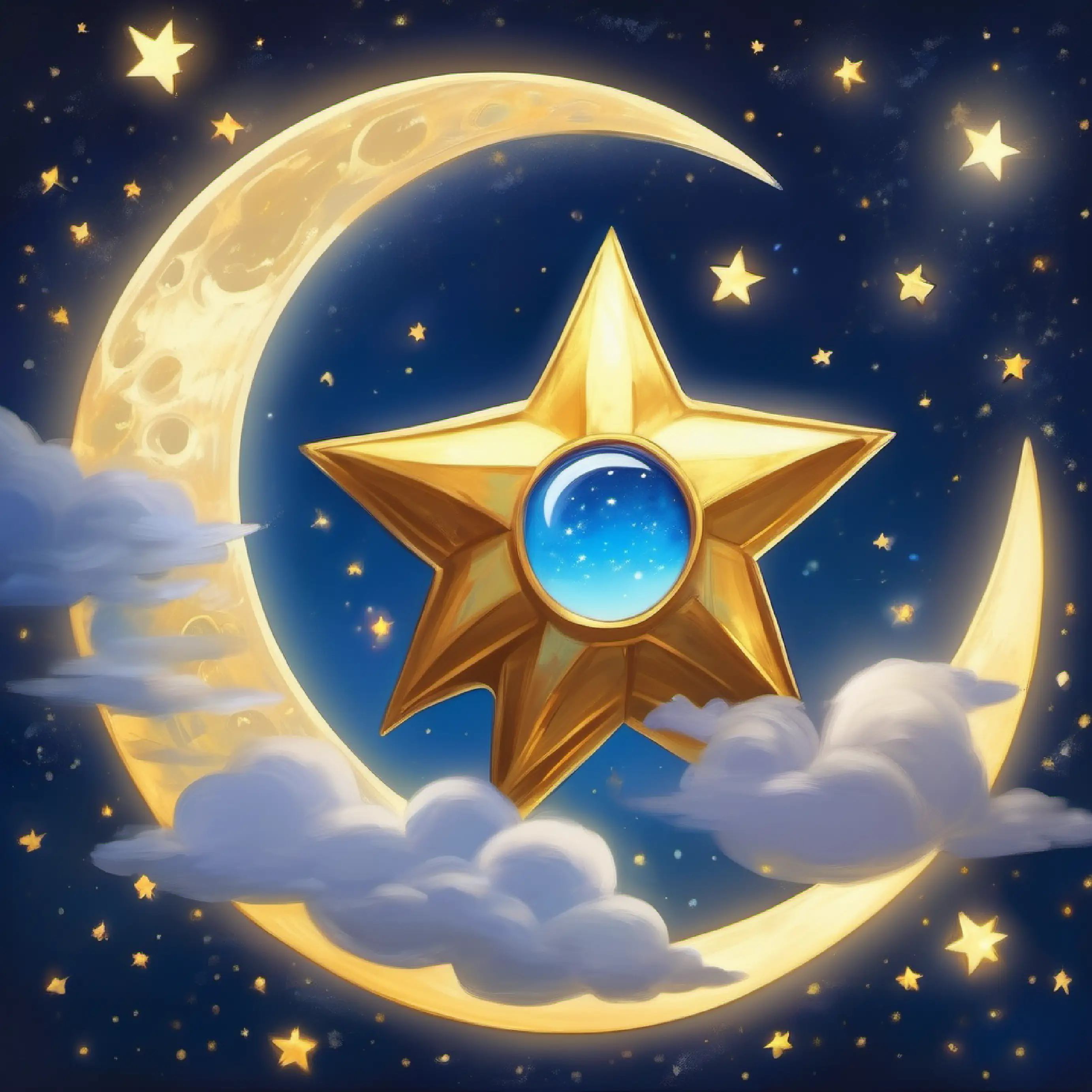 Small golden star, glowing edges, deep blue eyes's encounter with the Moon, lunar backdrop.