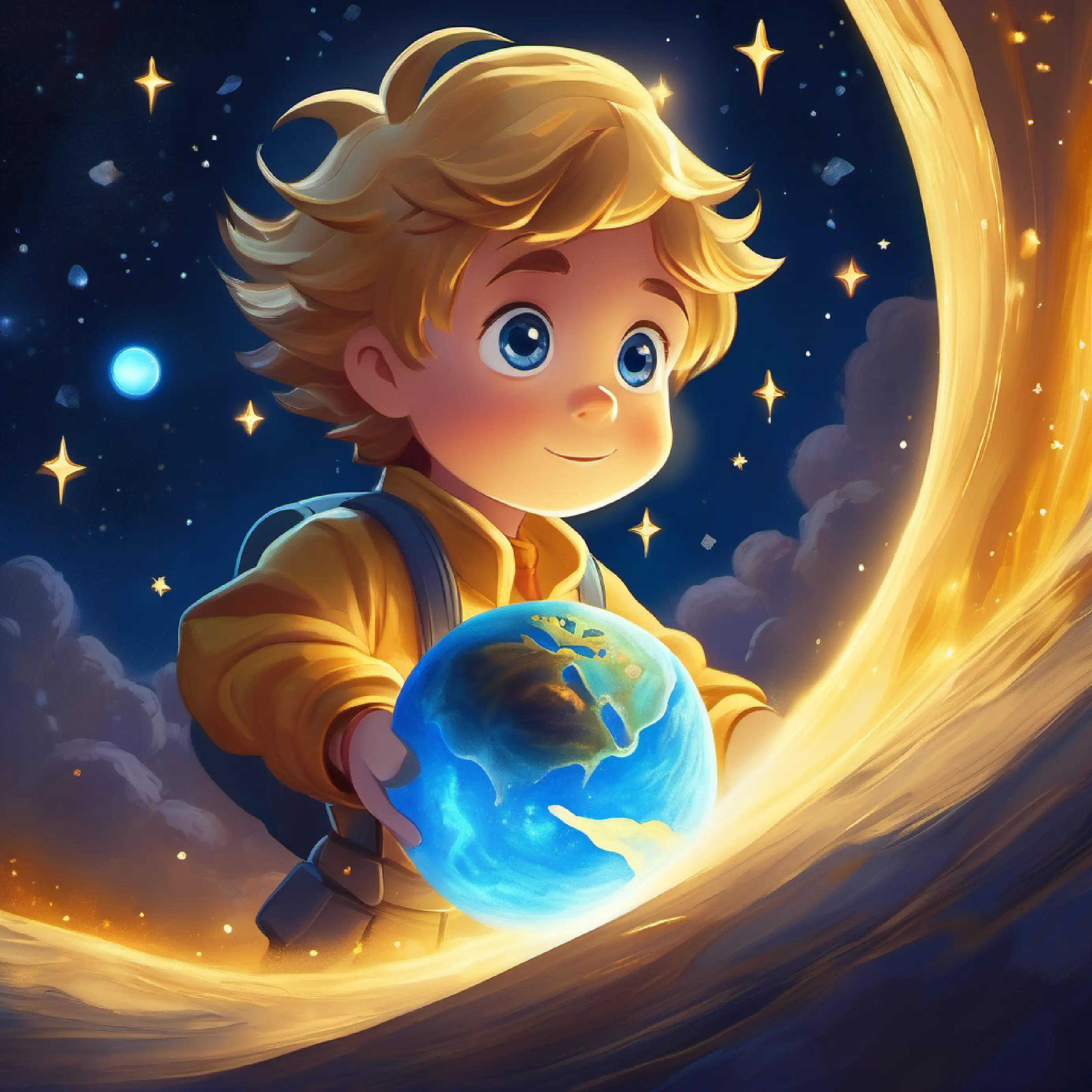 Small golden star, glowing edges, deep blue eyes discovers a lit planet, soft illumination.