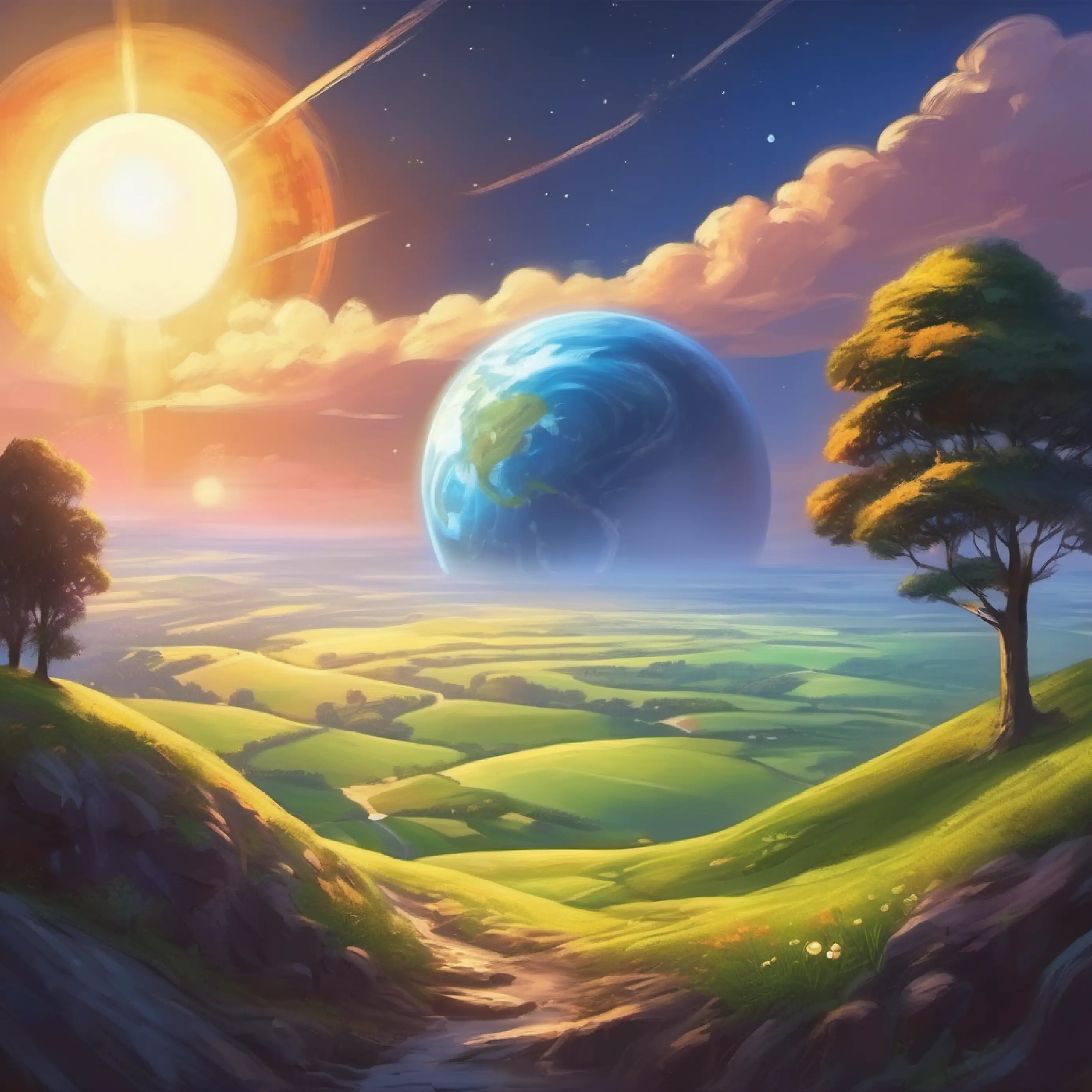 Planet explaining the source of light, Earth in the distance.