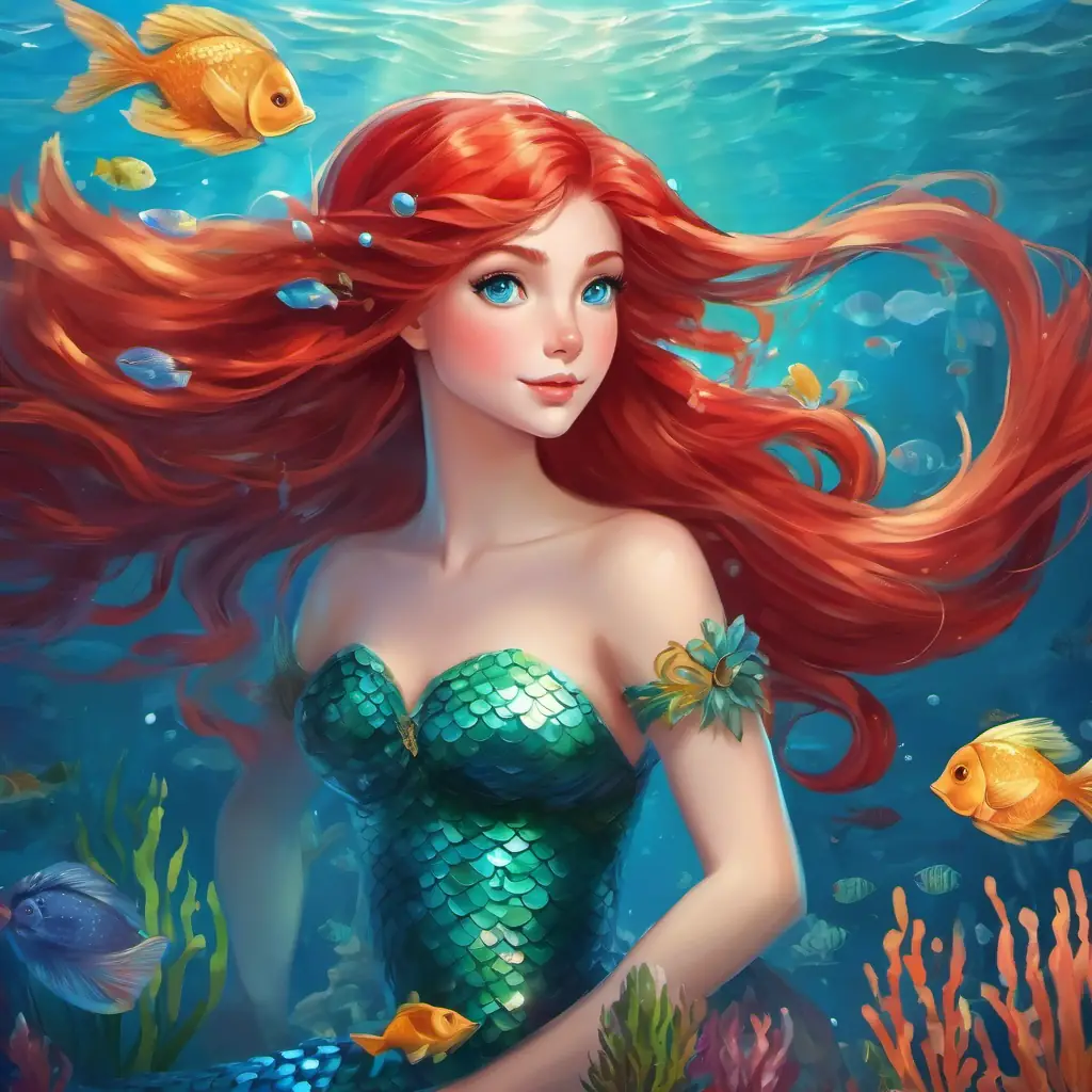 Under the sea, Mermaid princess with red hair and blue eyes is a beautiful mermaid princess with red hair and blue eyes.