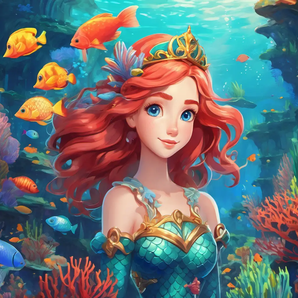 Mermaid princess with red hair and blue eyes's kingdom is full of colorful coral reefs, sea creatures, and castles.