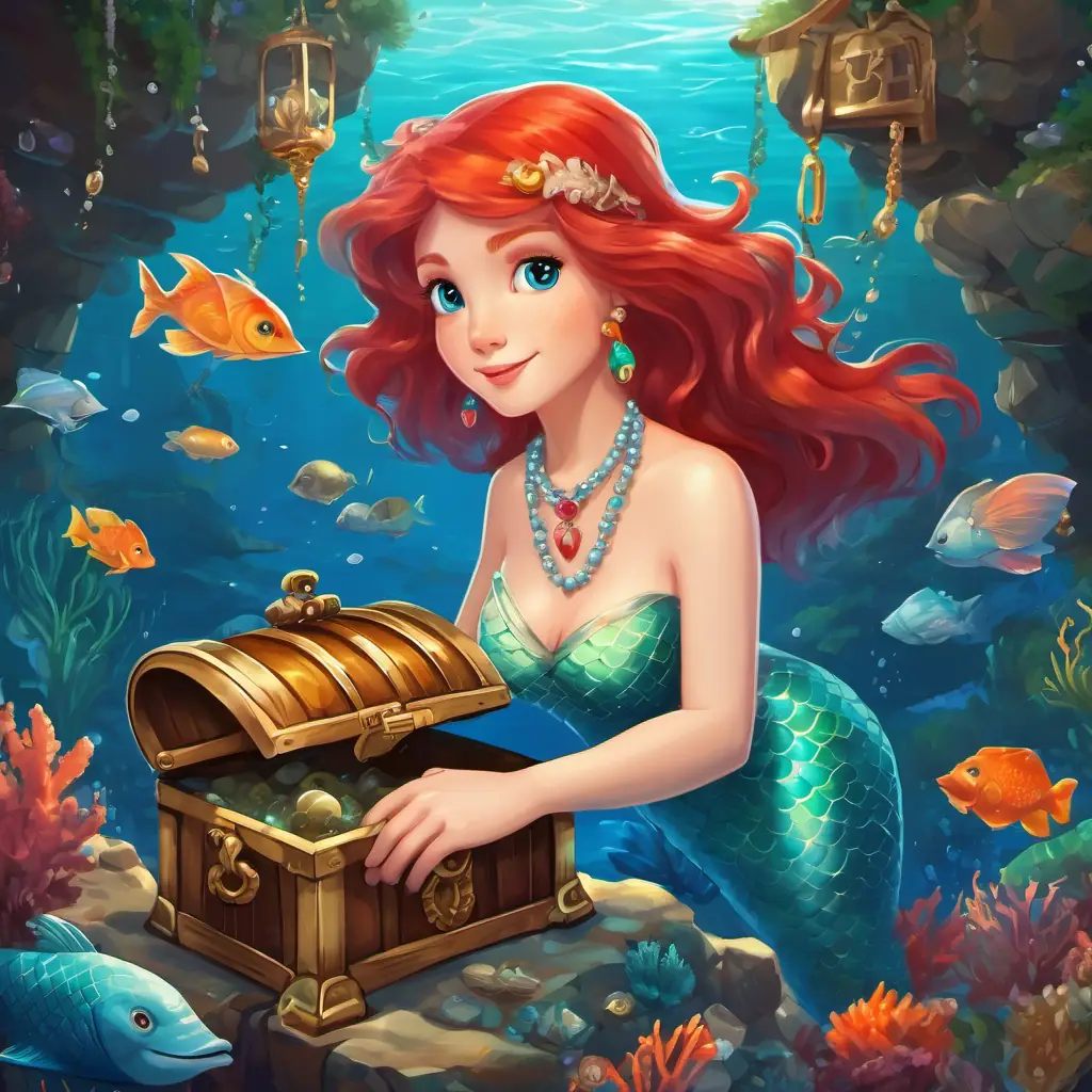 Mermaid princess with red hair and blue eyes finds a treasure chest and gets a pearl necklace to talk to sea creatures.