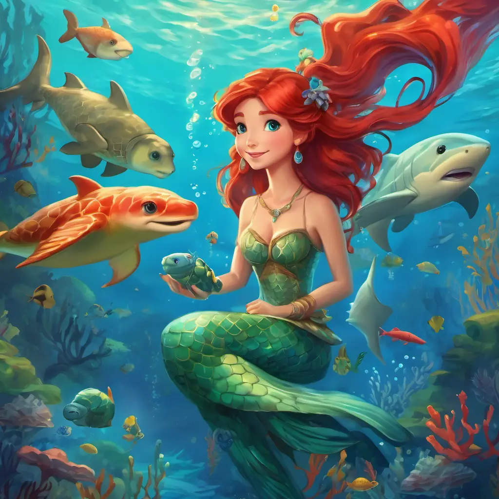 Mermaid princess with red hair and blue eyes helps her sea friends, including a turtle, baby seahorse, and a shark.