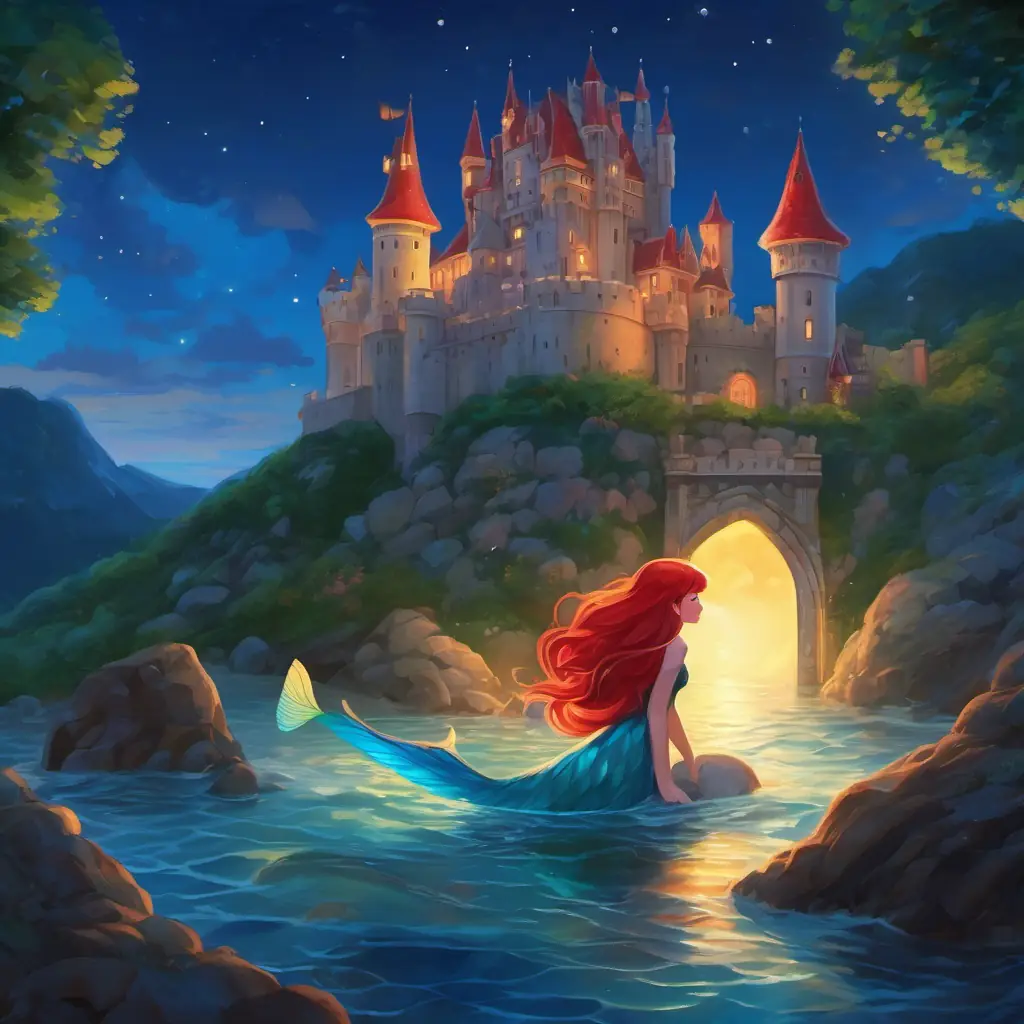 Mermaid princess with red hair and blue eyes returns to her castle, kisses her parents goodnight, and goes to bed.