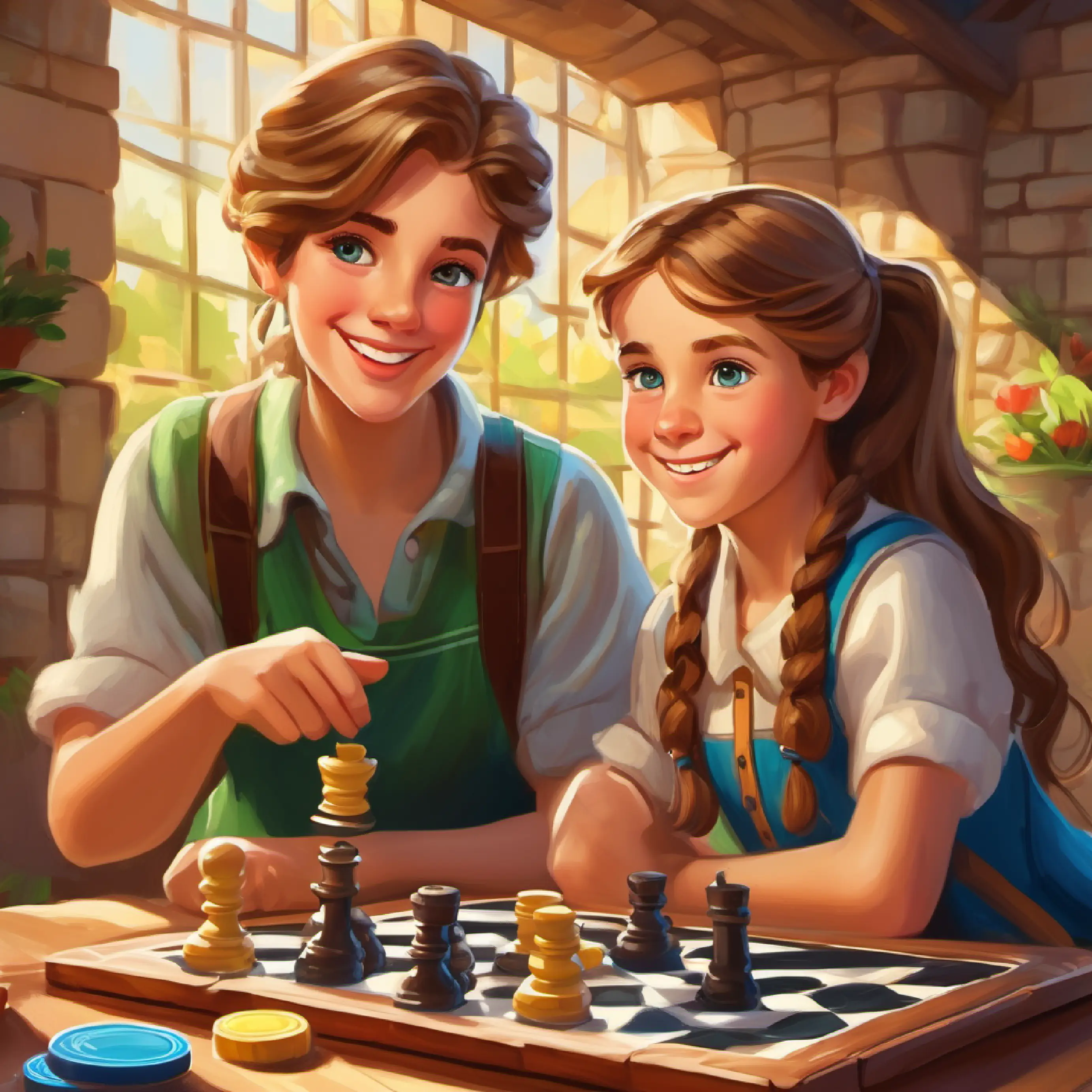 Young girl, long brown hair, bright blue eyes, loves adventures and Young boy, short blond hair, green eyes, always smiling meet the Austrian visitors and play checkers.