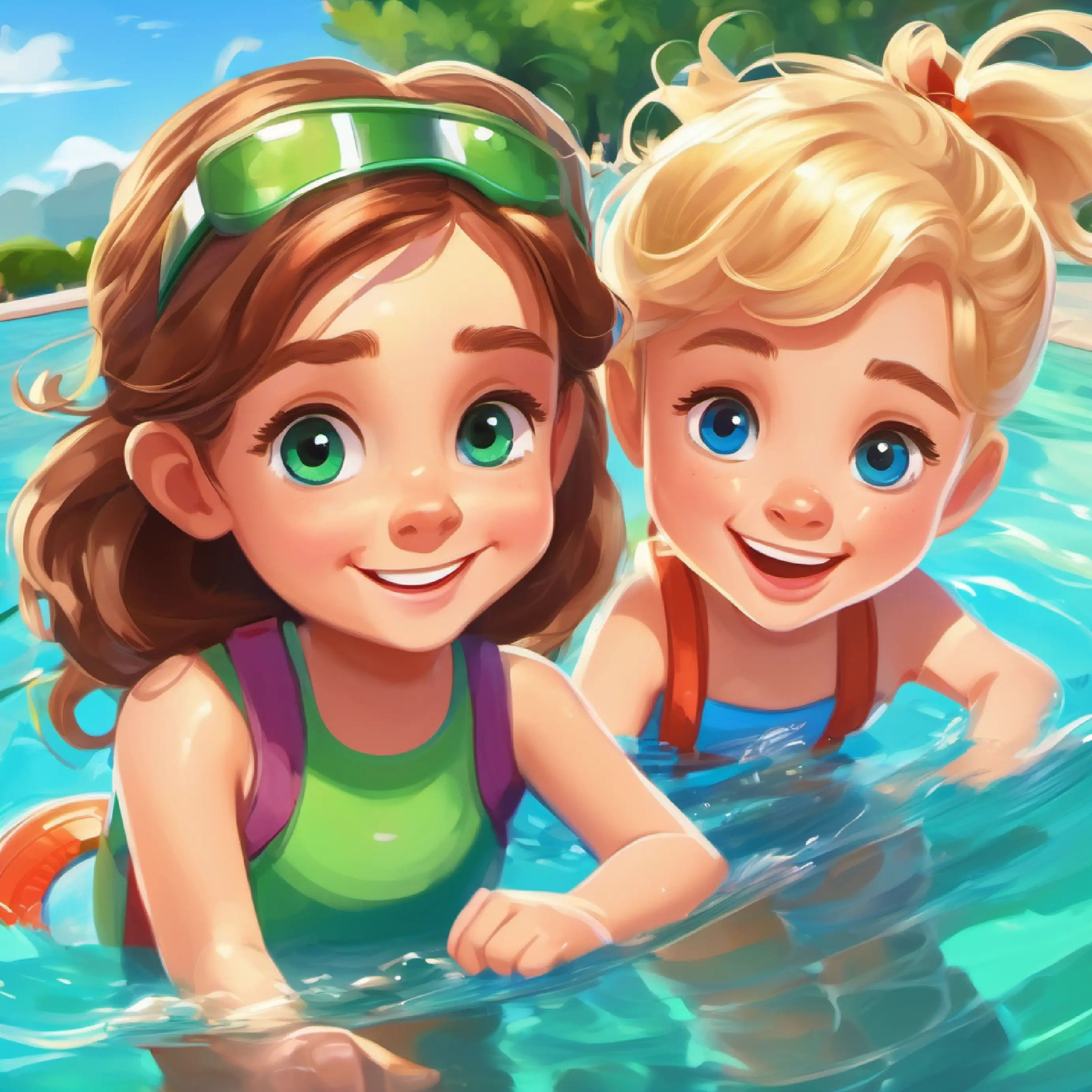 Young girl, long brown hair, bright blue eyes, loves adventures and Young boy, short blond hair, green eyes, always smiling have fun at the pool and play splash games.