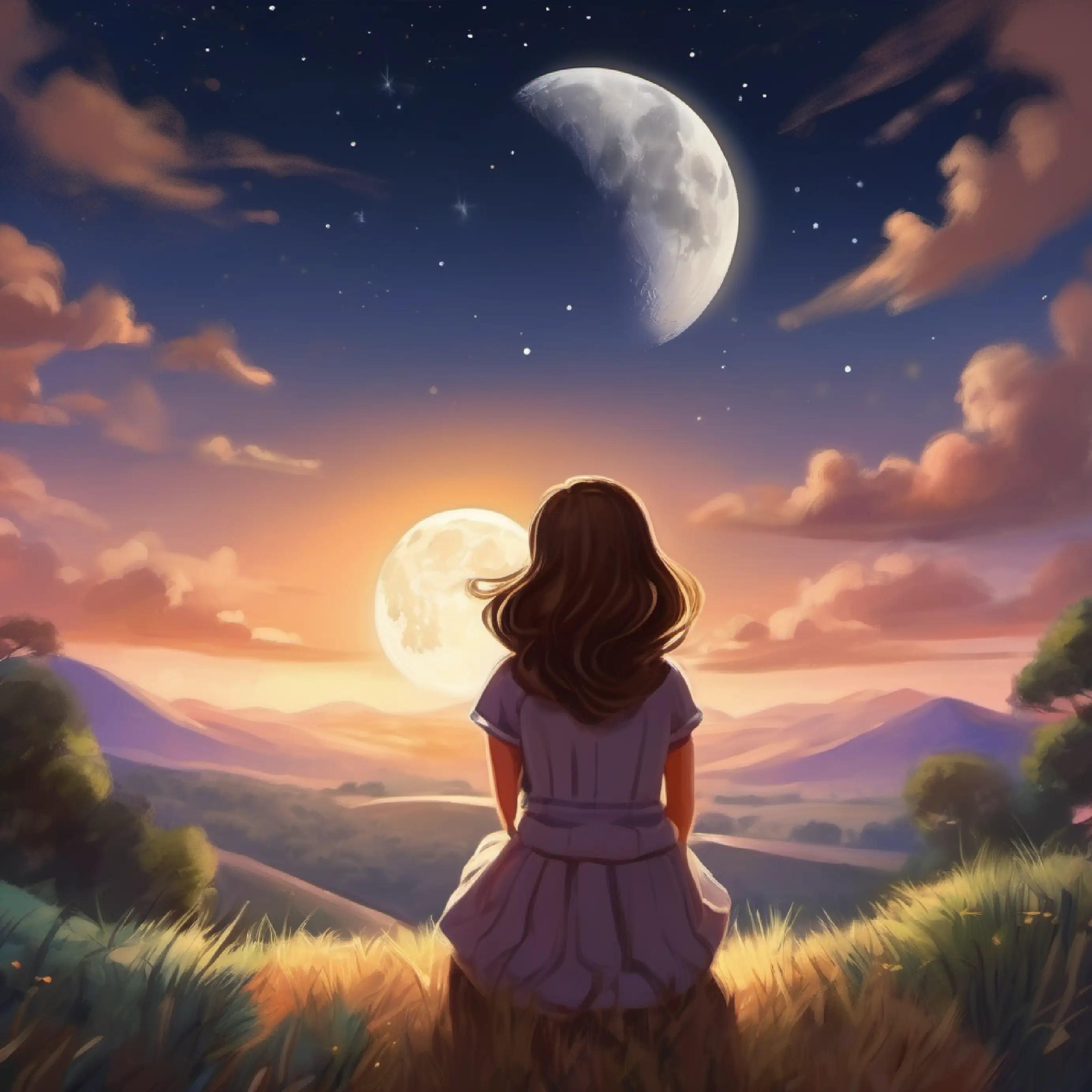 Girl with brown hair, dreaming of a family dreams of having a family while looking at the moon.