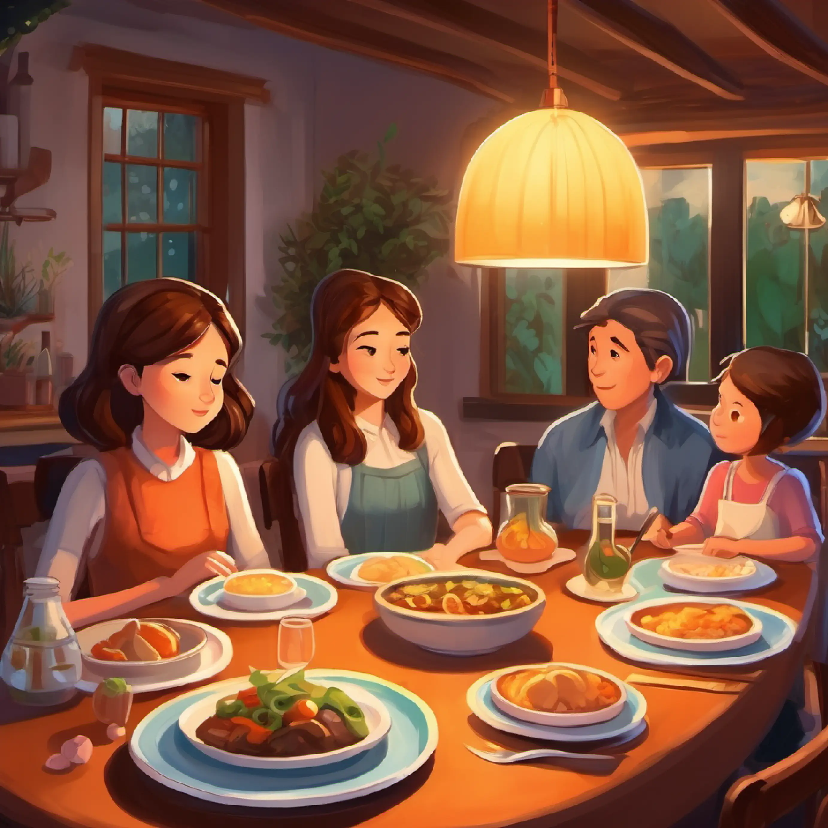 Family dinner and Girl with brown hair, dreaming of a family's thoughts on family moments.