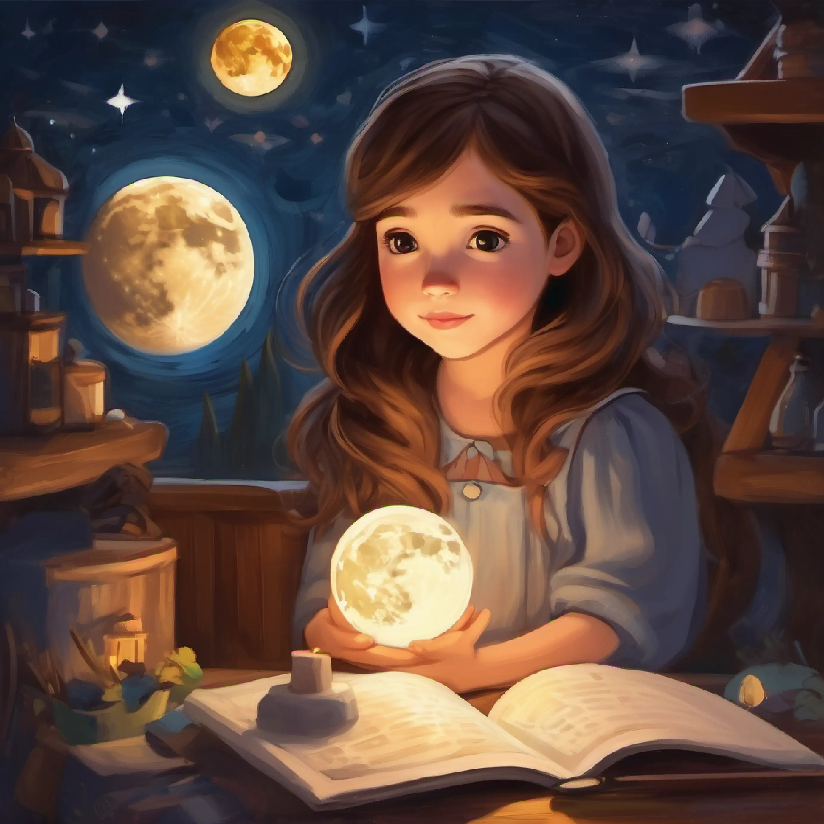 Girl with brown hair, dreaming of a family thanks the moon for her wish before bedtime.