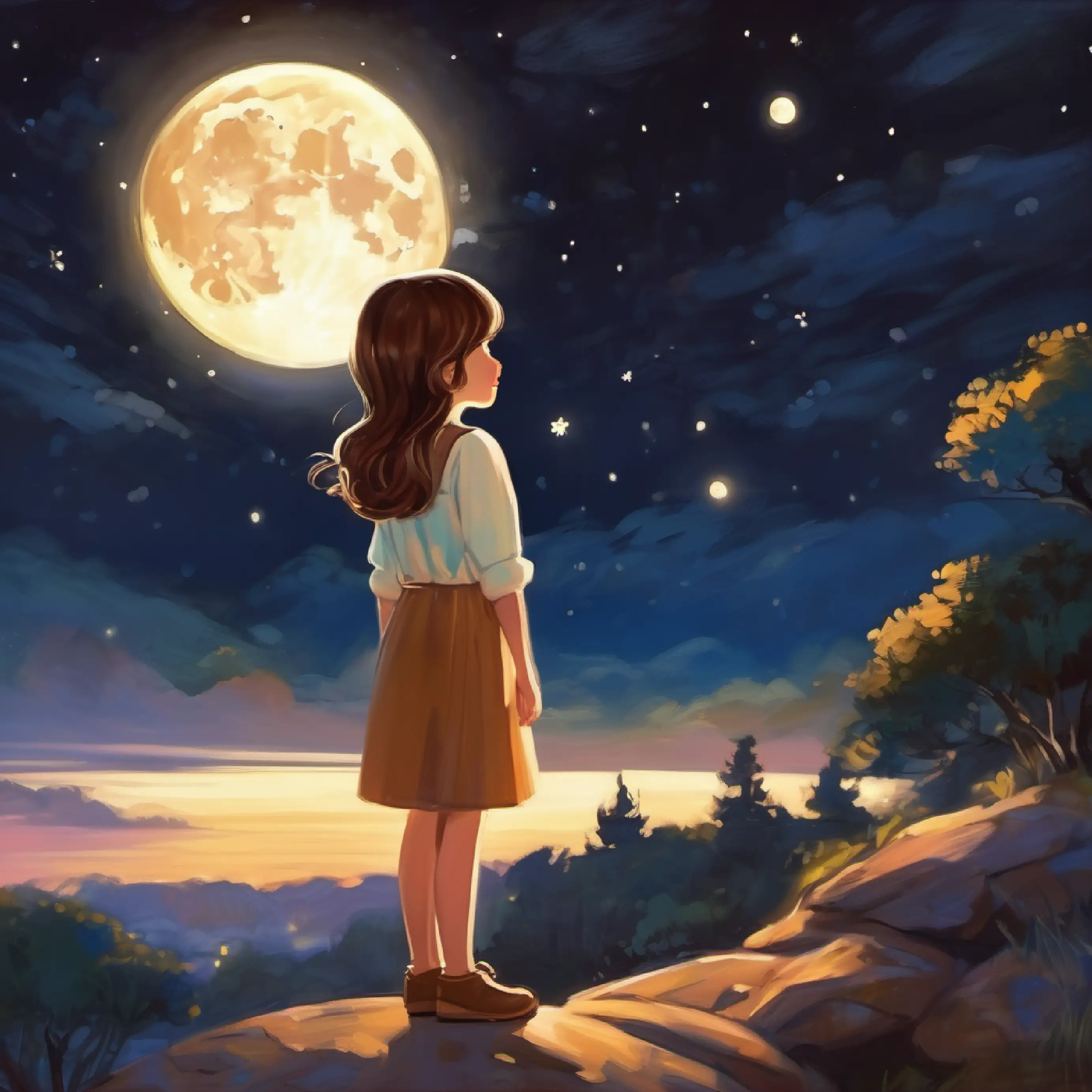 Girl with brown hair, dreaming of a family makes a wish under the bright moon.