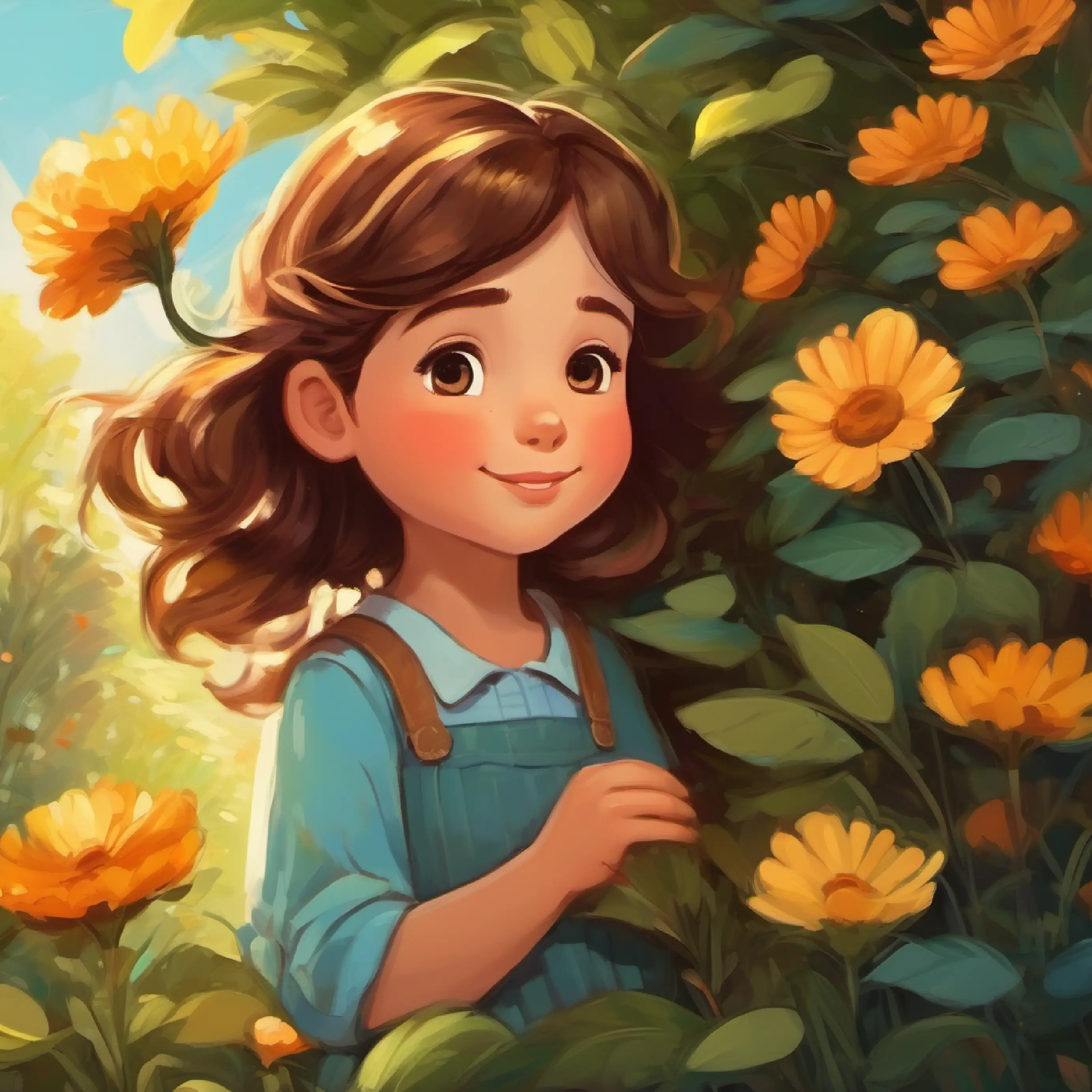 Girl with brown hair, dreaming of a family hears her children laughing in the garden.