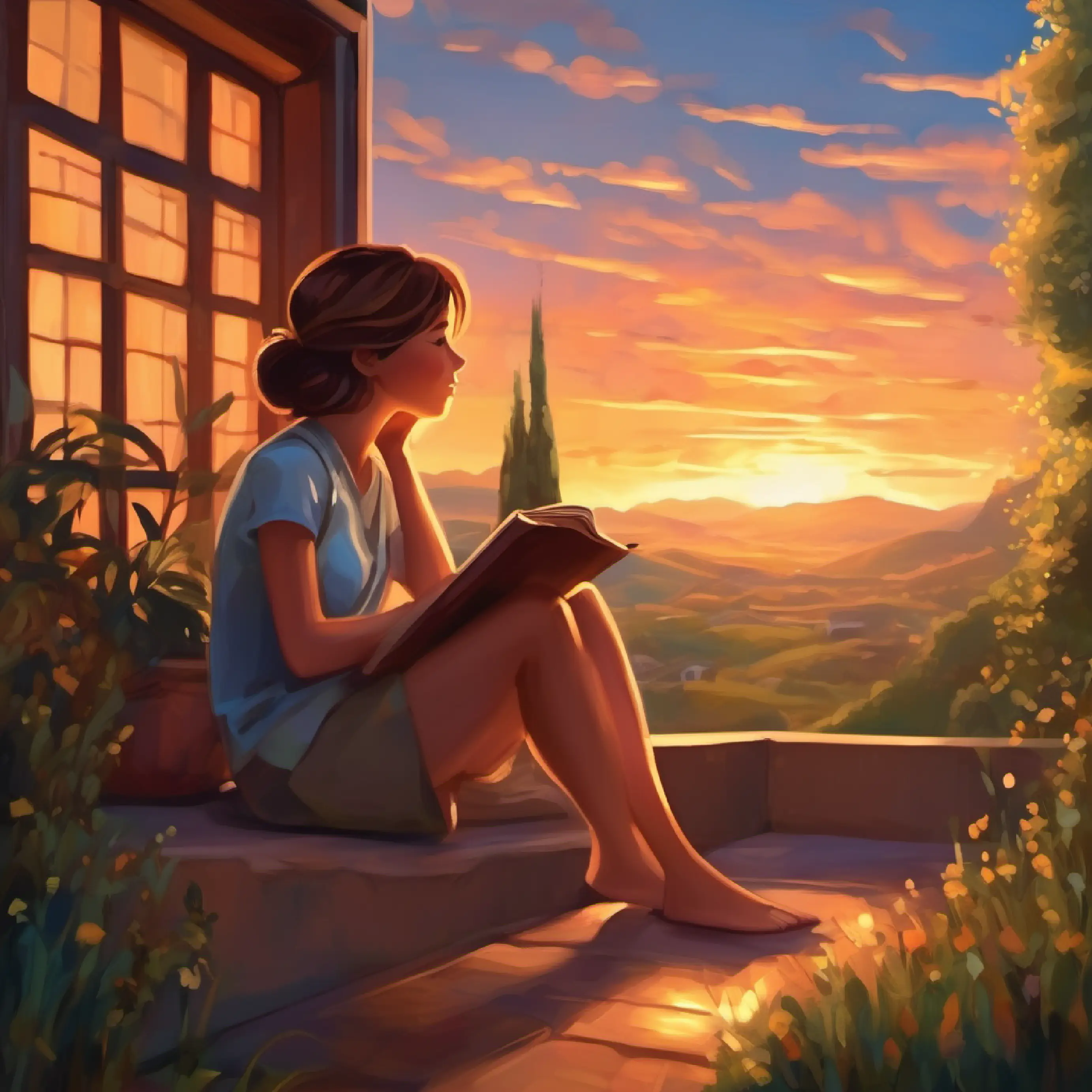 Girl with brown hair, dreaming of a family reflects on her wish as evening falls.