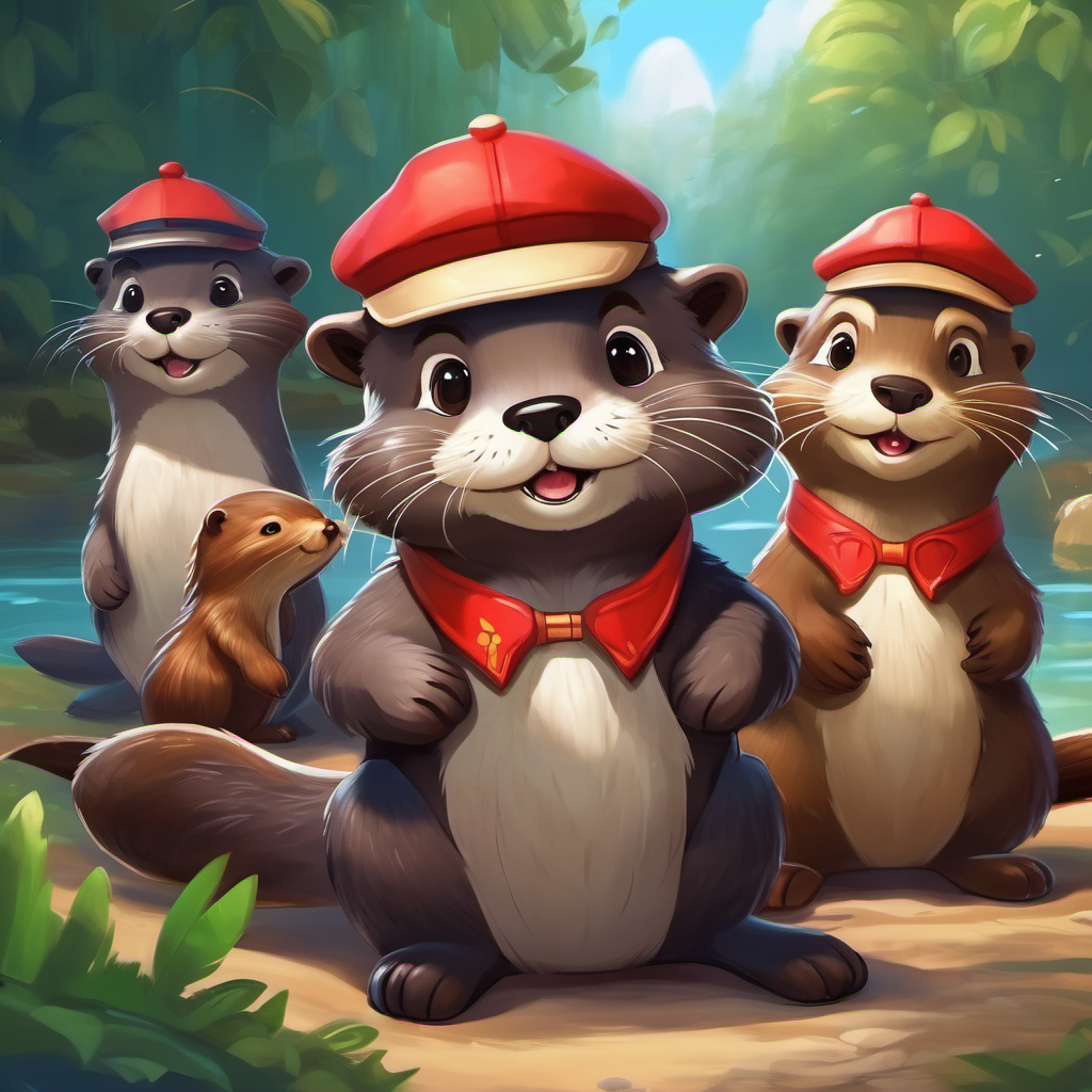 A cheerful otter with brown fur and a red cap. and friends talking about earning money