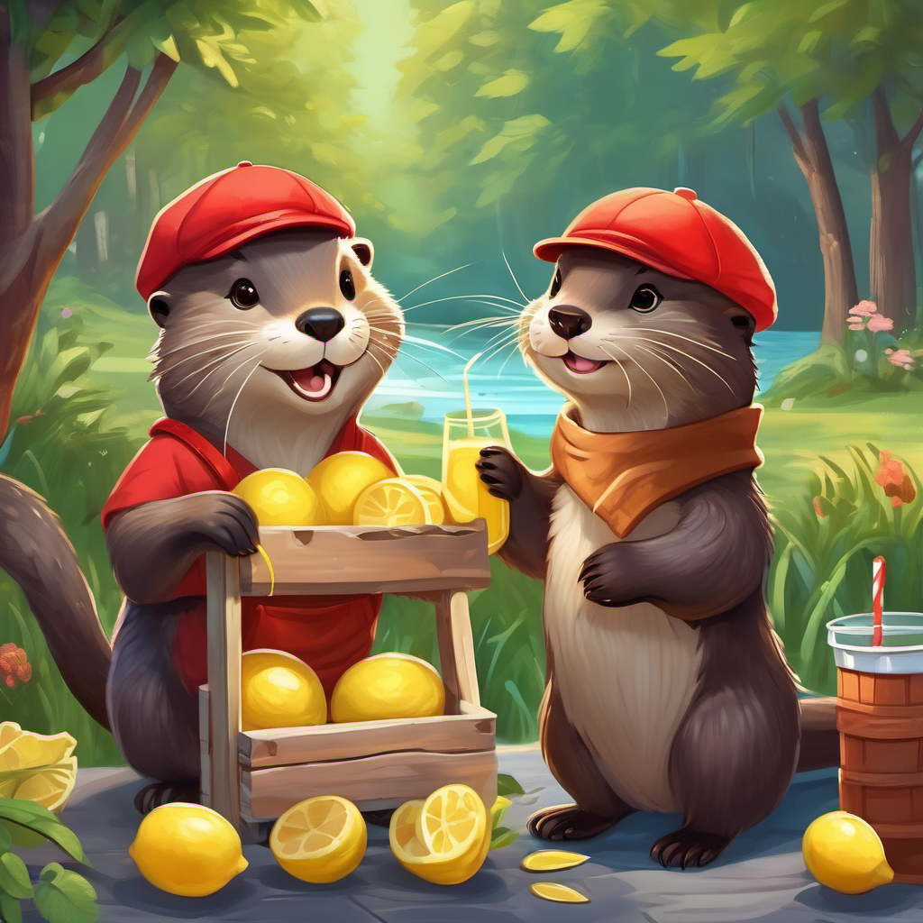 A cheerful otter with brown fur and a red cap. and friends setting up a lemonade stand