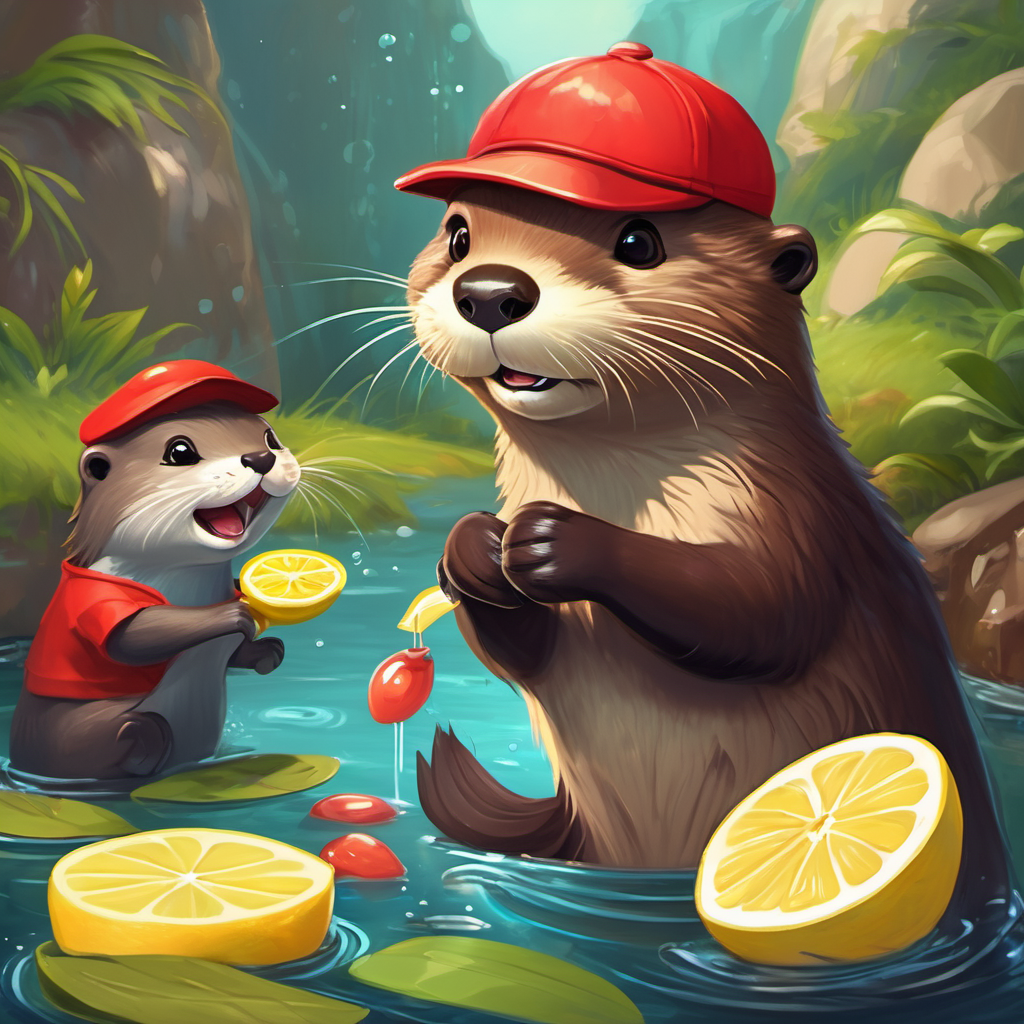 A cheerful otter with brown fur and a red cap. and friends making lemonade