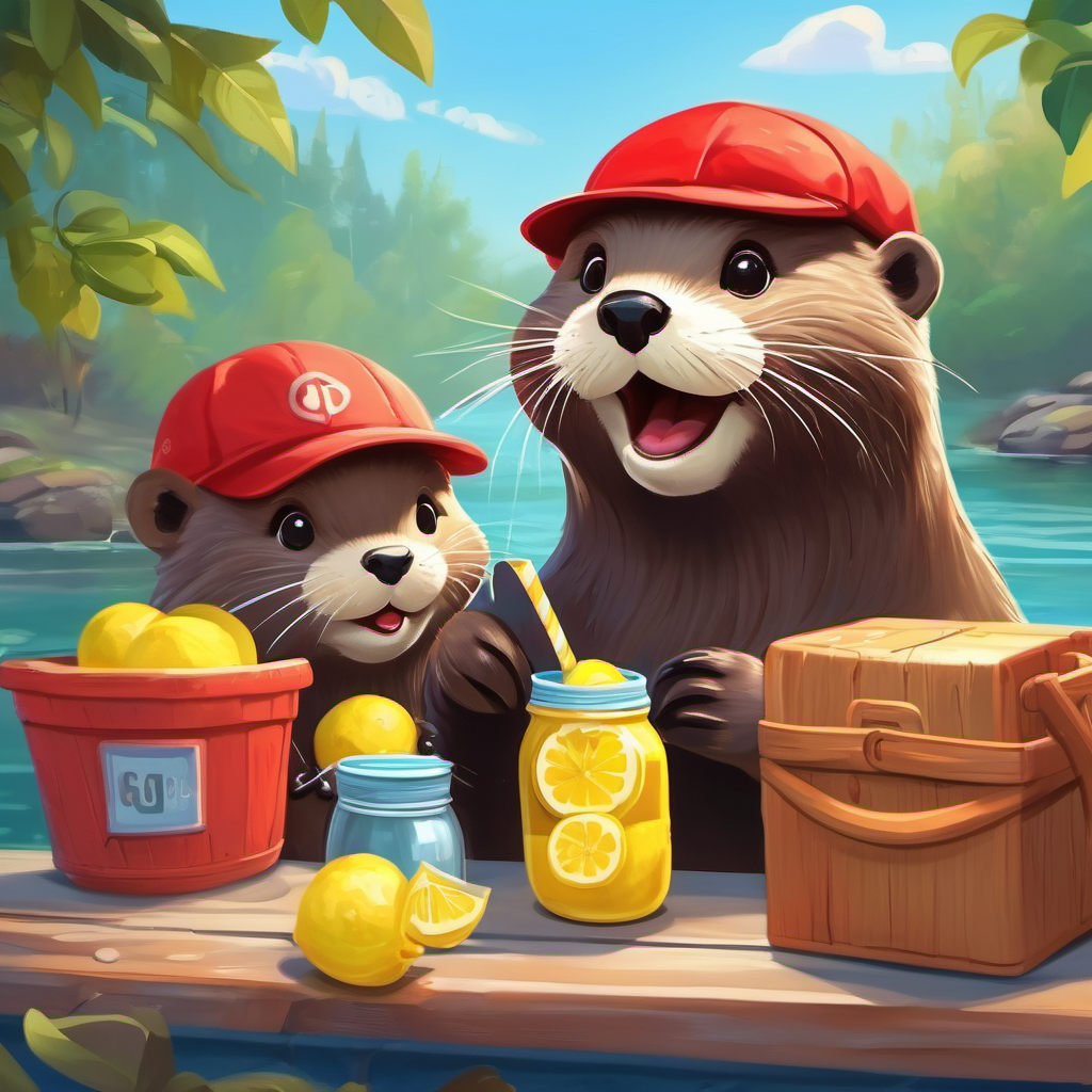 A cheerful otter with brown fur and a red cap. and friends selling lemonade to their friends