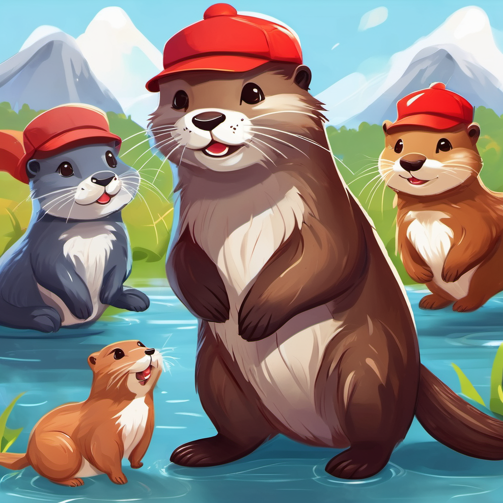 A cheerful otter with brown fur and a red cap. and friends donating money to charity