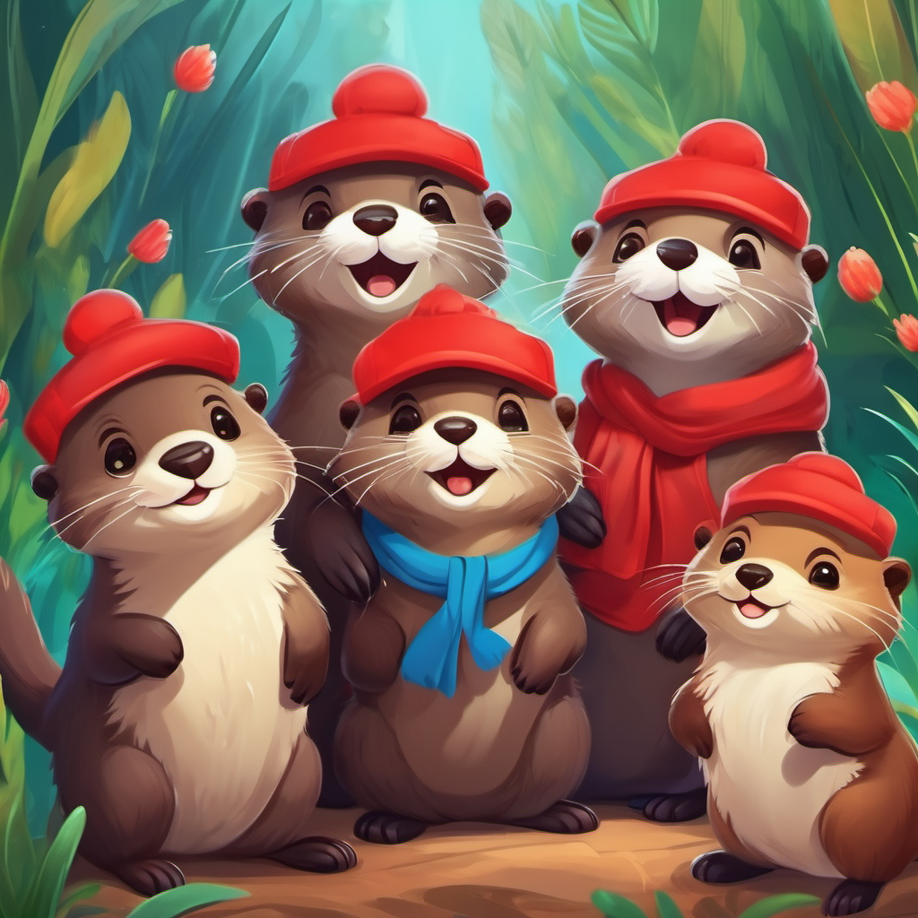 A cheerful otter with brown fur and a red cap. and friends celebrating their friendship