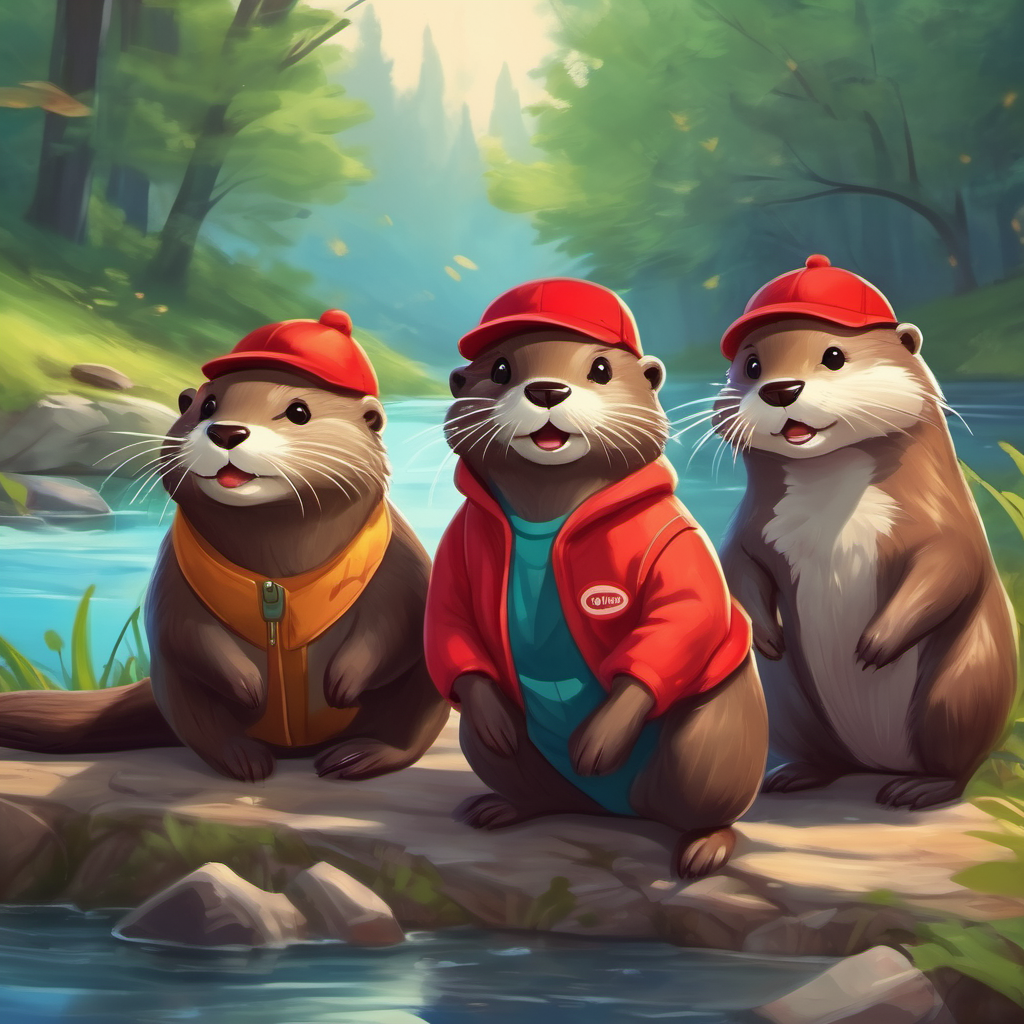 A cheerful otter with brown fur and a red cap. and friends doing activities together