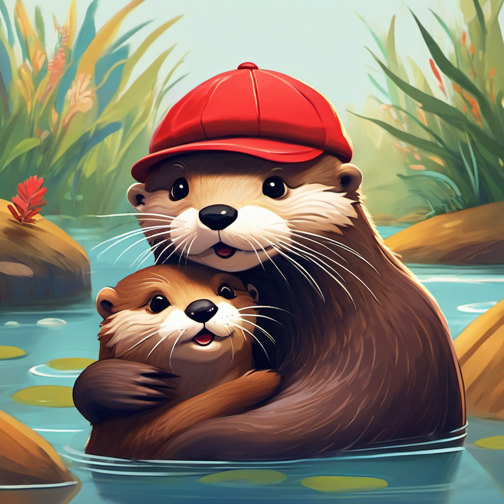 A cheerful otter with brown fur and a red cap. and friends hugging each other