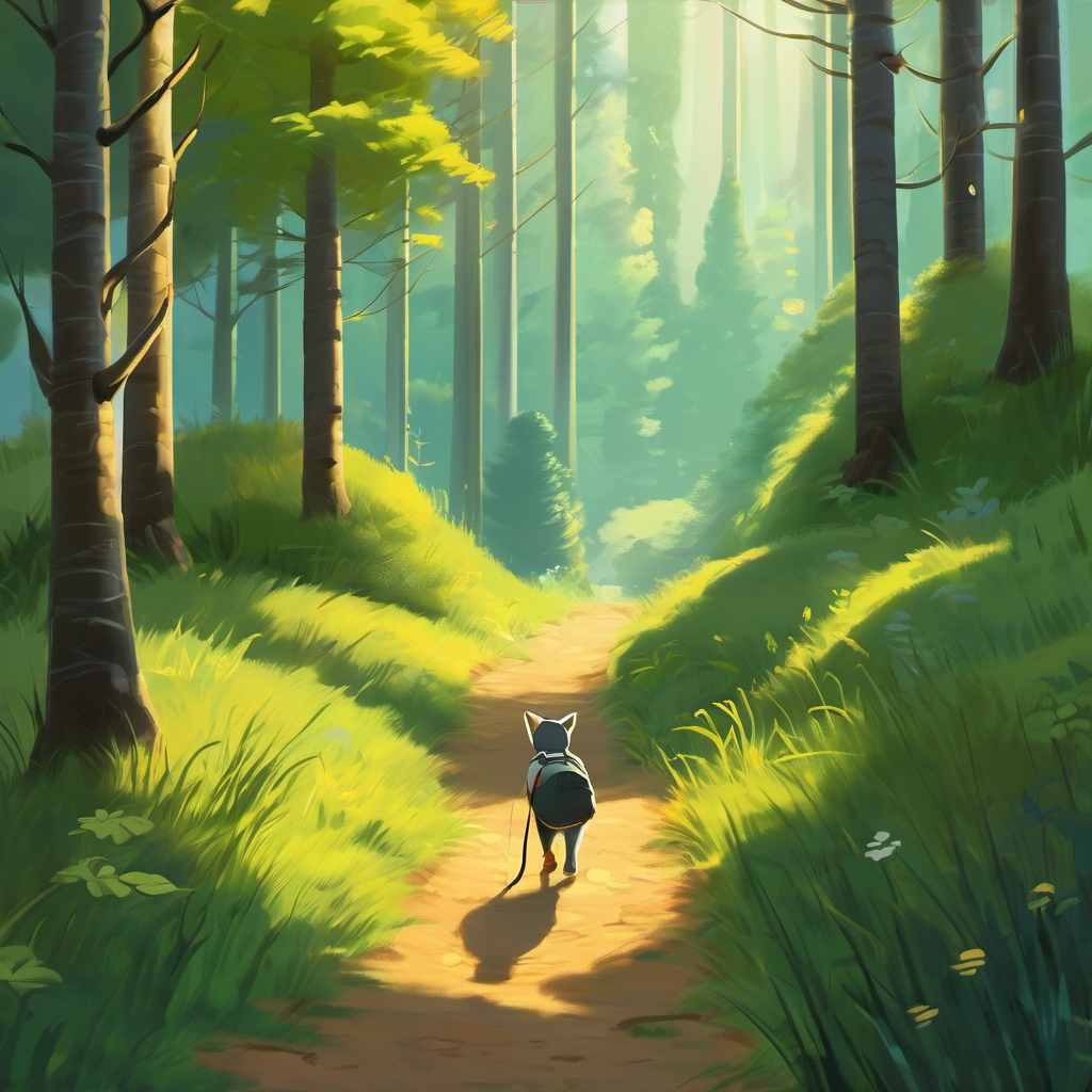 One sunny morning, as Whiskers was taking his usual stroll through the village, he noticed something strange. A trail of small footprints led into the nearby forest. Whiskers felt his curiosity piqued, and he decided to follow the footprints. As he went deeper into the forest, the trees grew taller and the air became cooler. Whiskers continued walking, unaware of the surprise that awaited him.