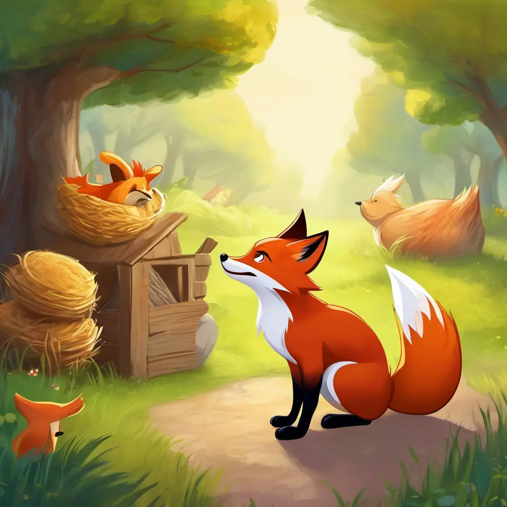 Fox character planning a prank on the hen character.
