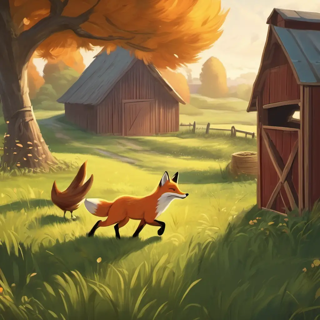 Fox playing a prank on the hen, barn setting.