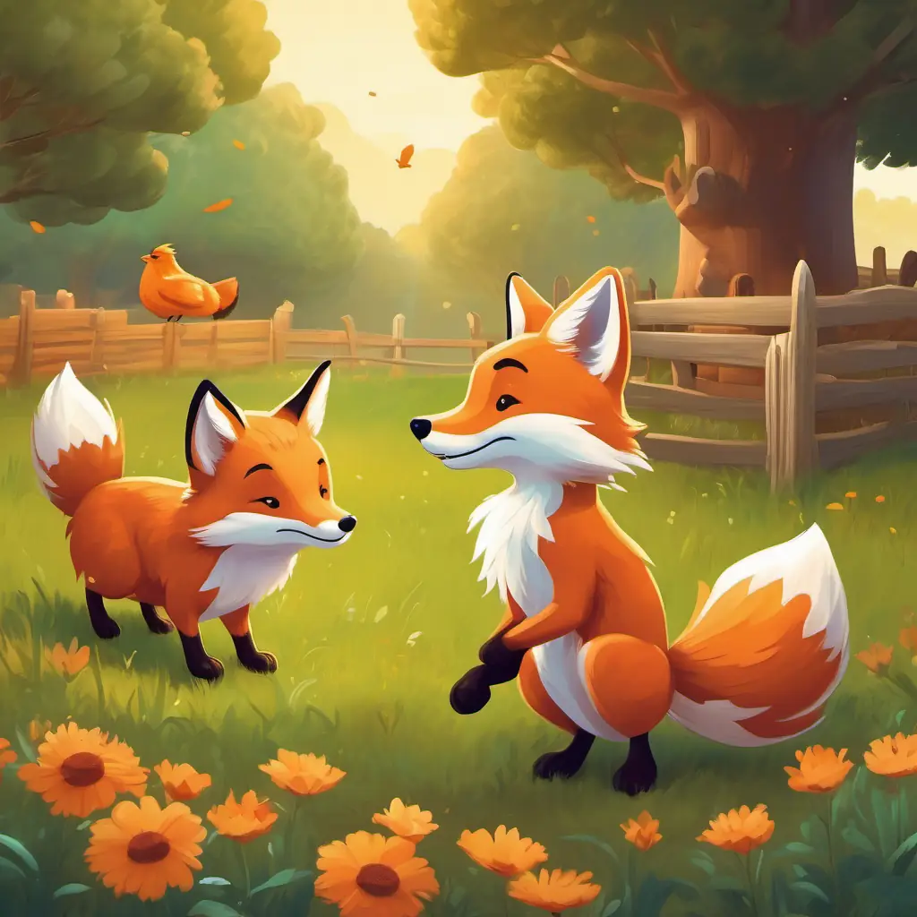 Fox and hen characters becoming friends and enjoying playful activities, farm setting.