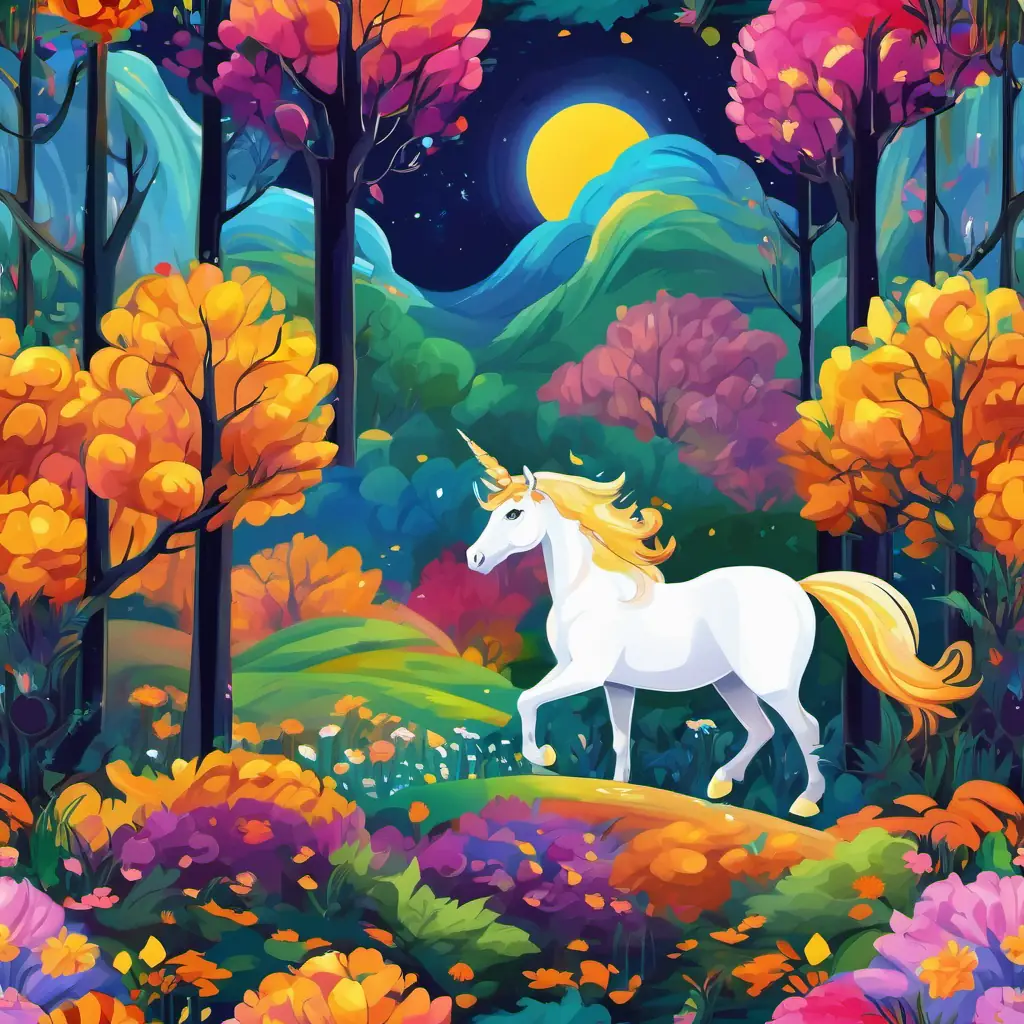 A vibrant rainbow with seven colorful arcs is a vibrant rainbow with seven colorful arcs. A majestic unicorn with a shining white coat and a golden horn is a majestic unicorn with a shining white coat and a golden horn on her forehead. They are standing at the entrance of the enchanted forest with tall trees and colorful flowers all around.