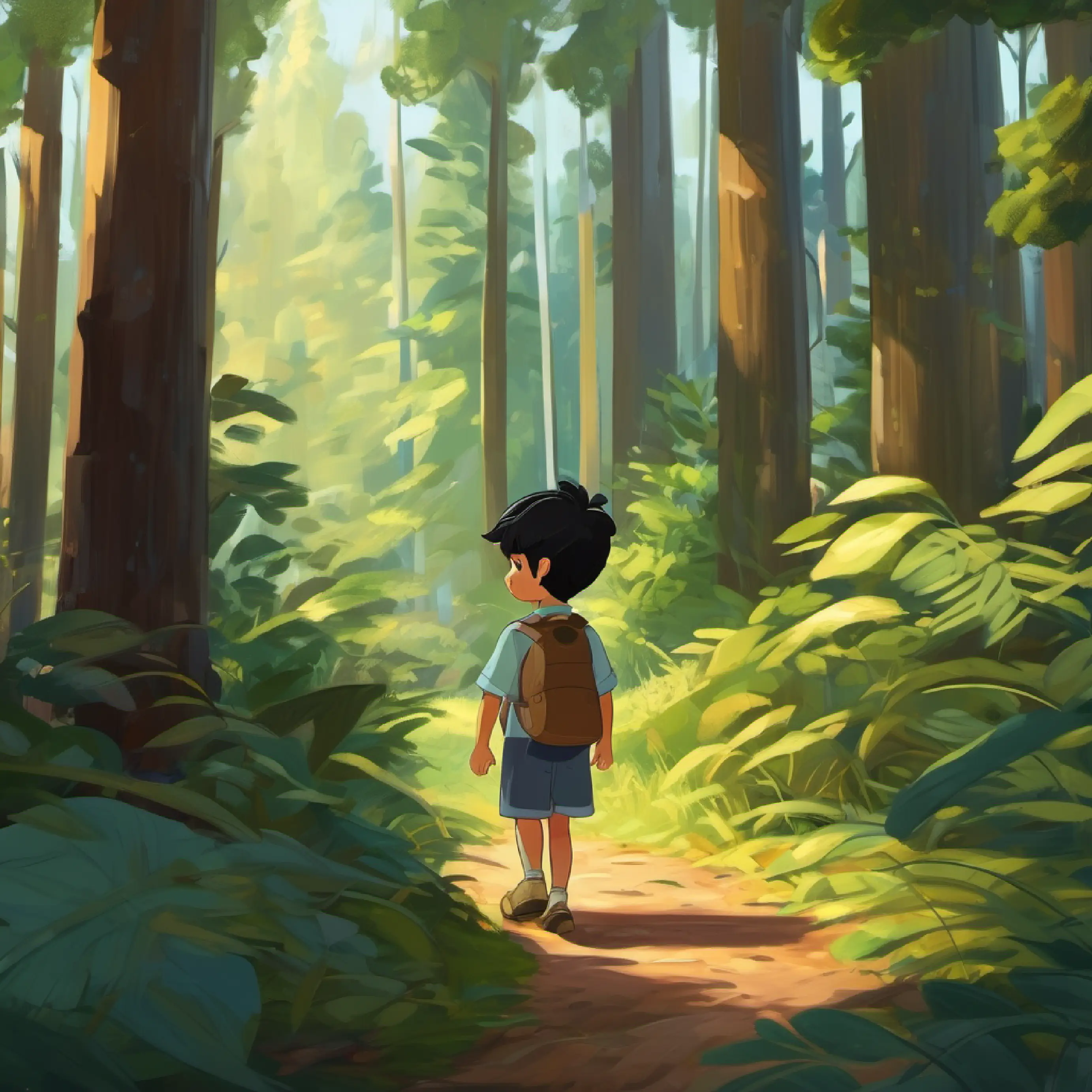 A happy 7-year-old boy, with black hair and brown eyes at home, decides to explore the forest.