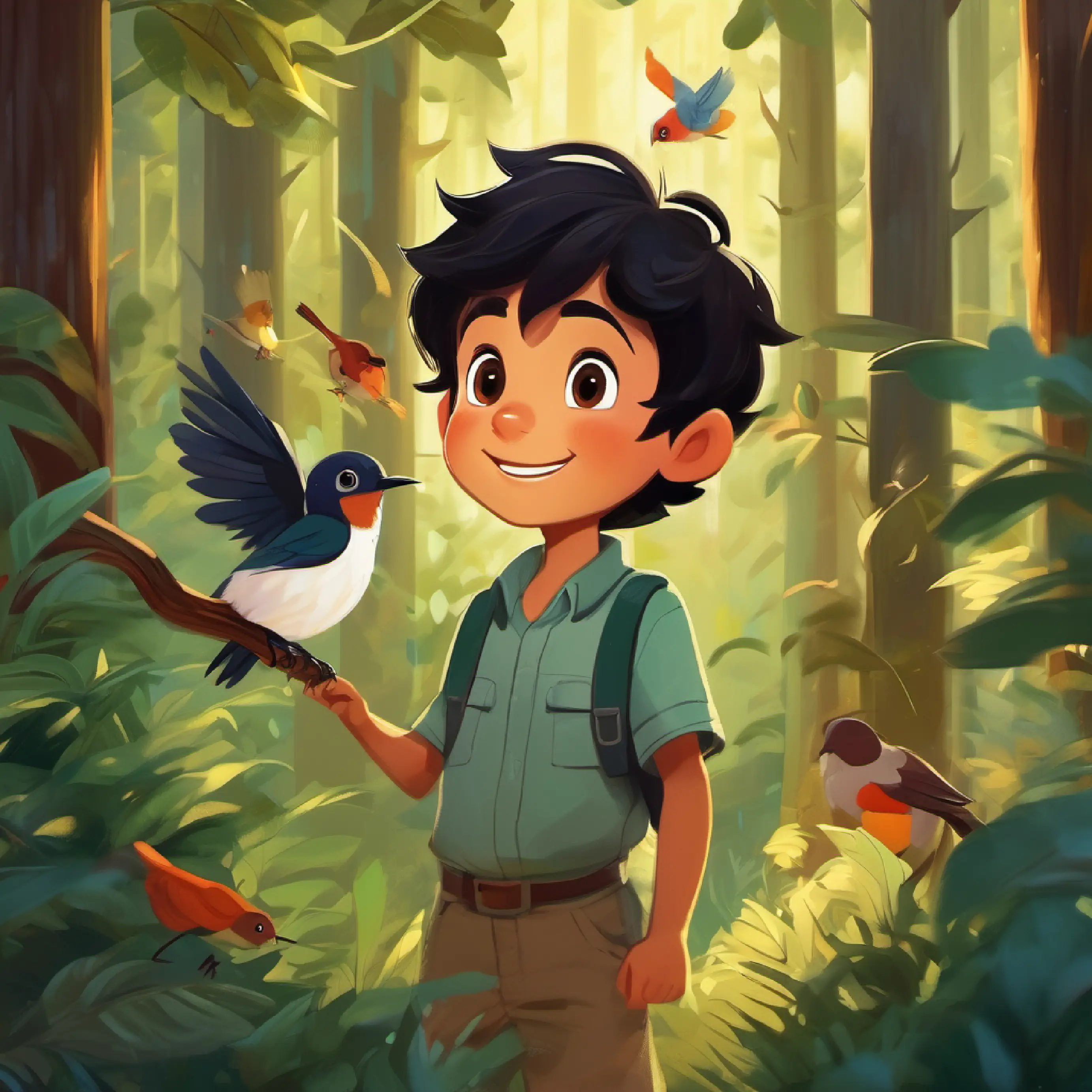 A happy 7-year-old boy, with black hair and brown eyes meets bilingual birds in the forest.