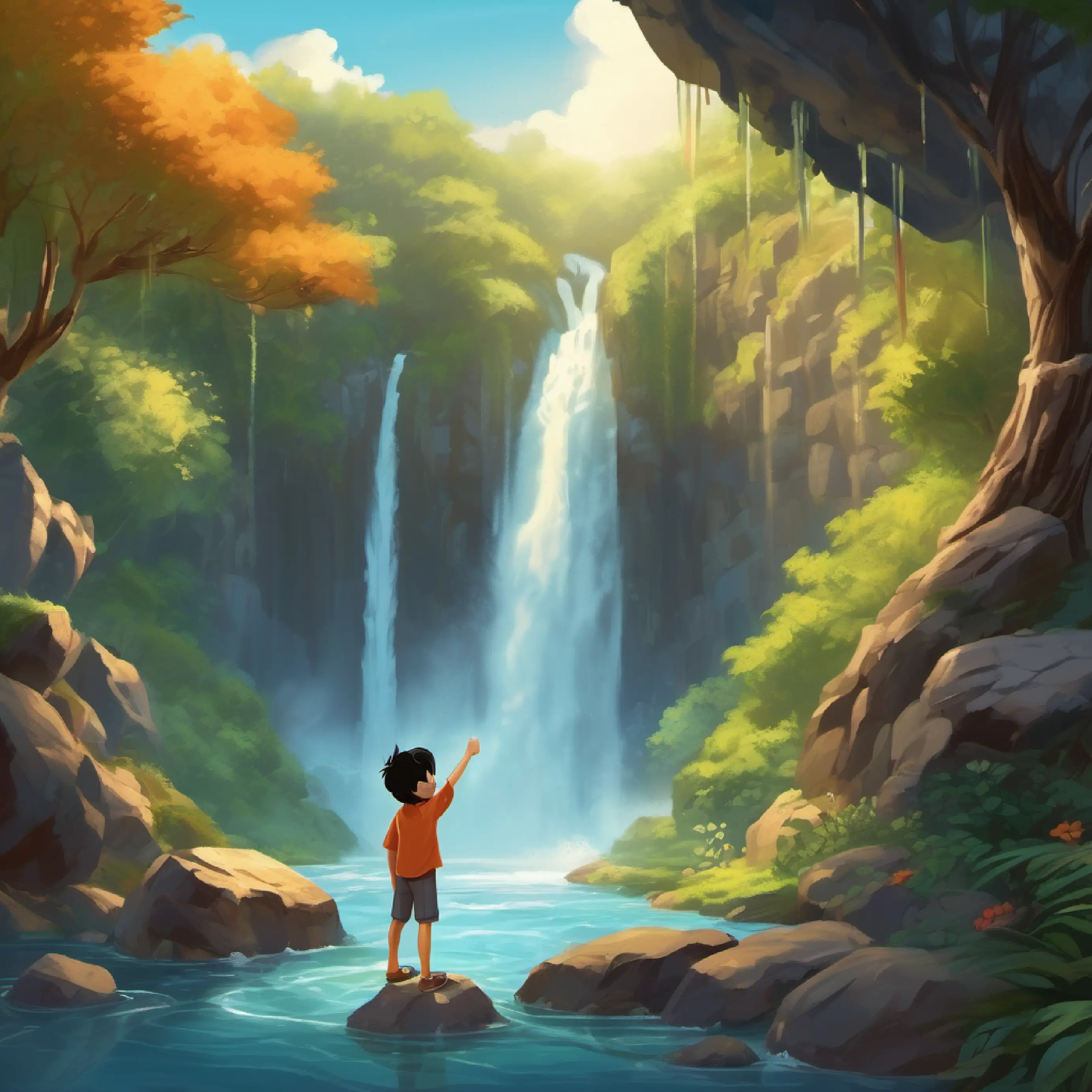 A happy 7-year-old boy, with black hair and brown eyes discovers a sign for a Magic Waterfall.