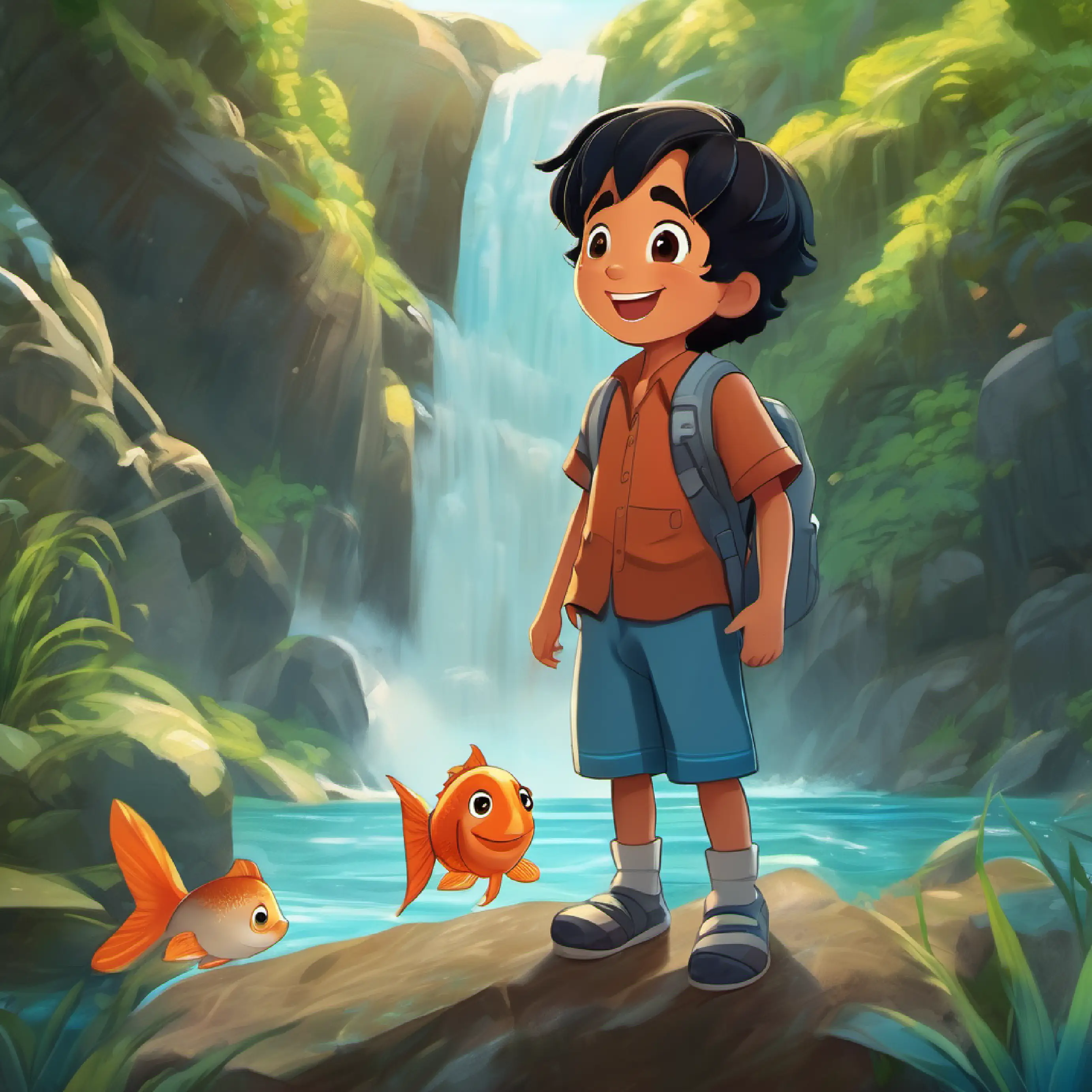 A happy 7-year-old boy, with black hair and brown eyes meets a bilingual talking fish at the waterfall.